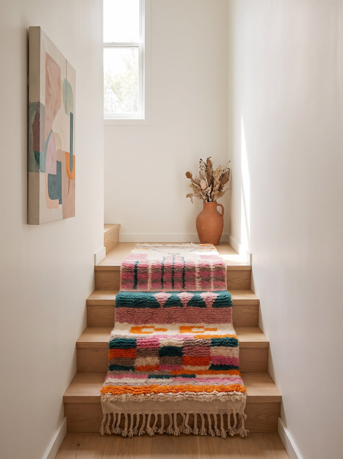 Tapis d'escalier berbère style Azilal rose et orange Tikli sur un escalier, noué main au Maroc