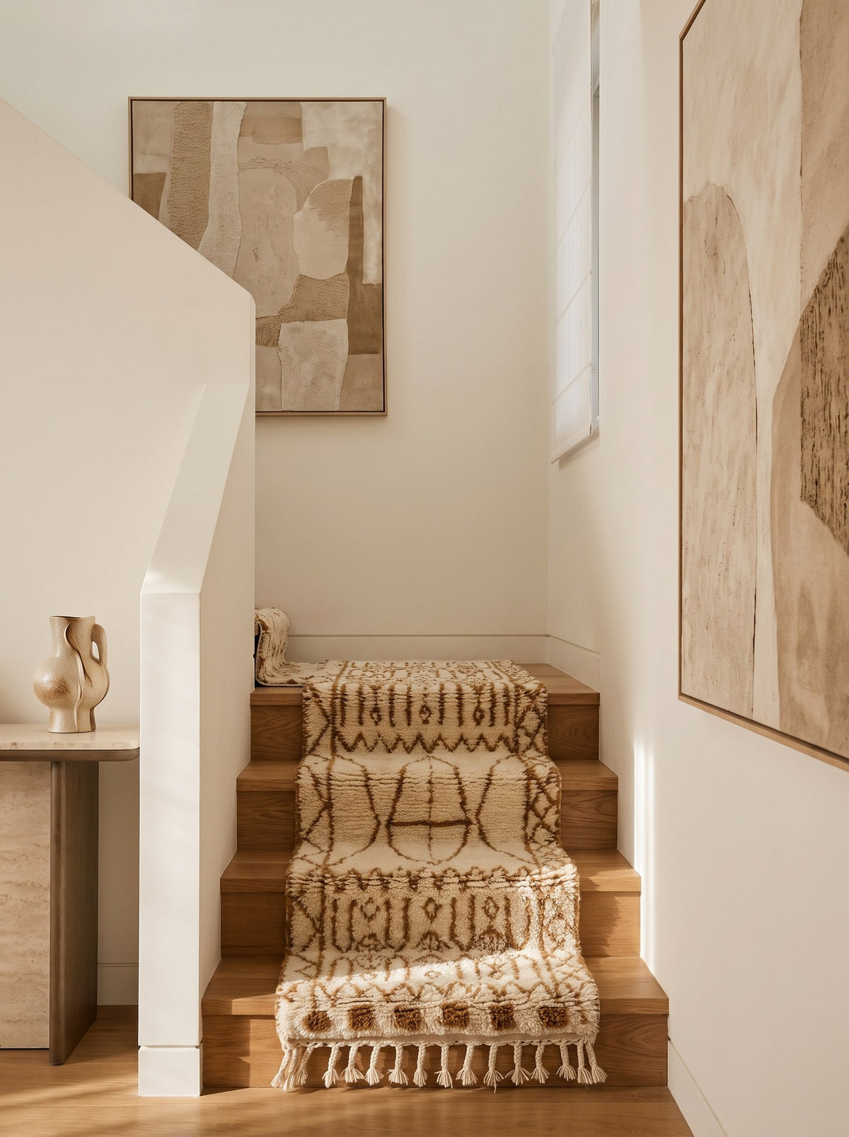 Tapis d'escalier berbère style Beni Ouarain blanc et caramel Zemroun sur un autre escalier, noué main au Maroc