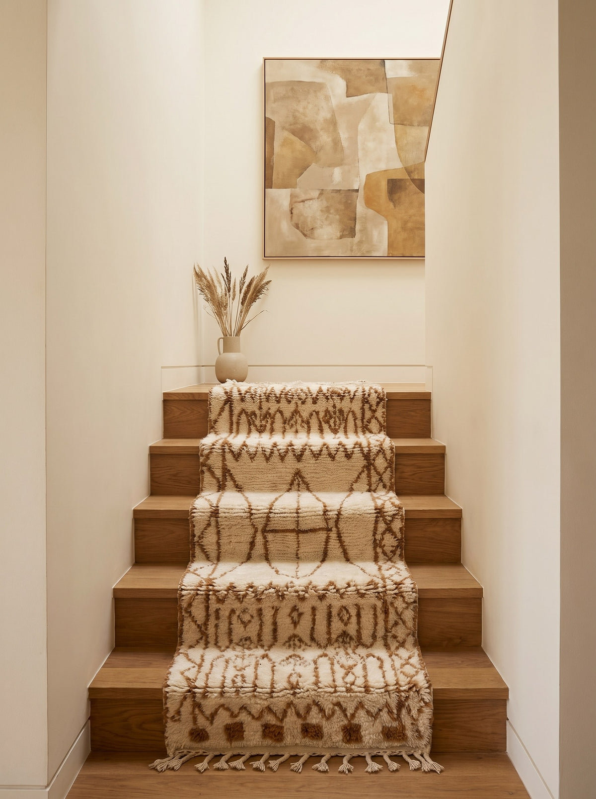 Tapis d'escalier berbère style Beni Ouarain blanc et caramel Zemroun sur un troisième escalier, noué main au Maroc