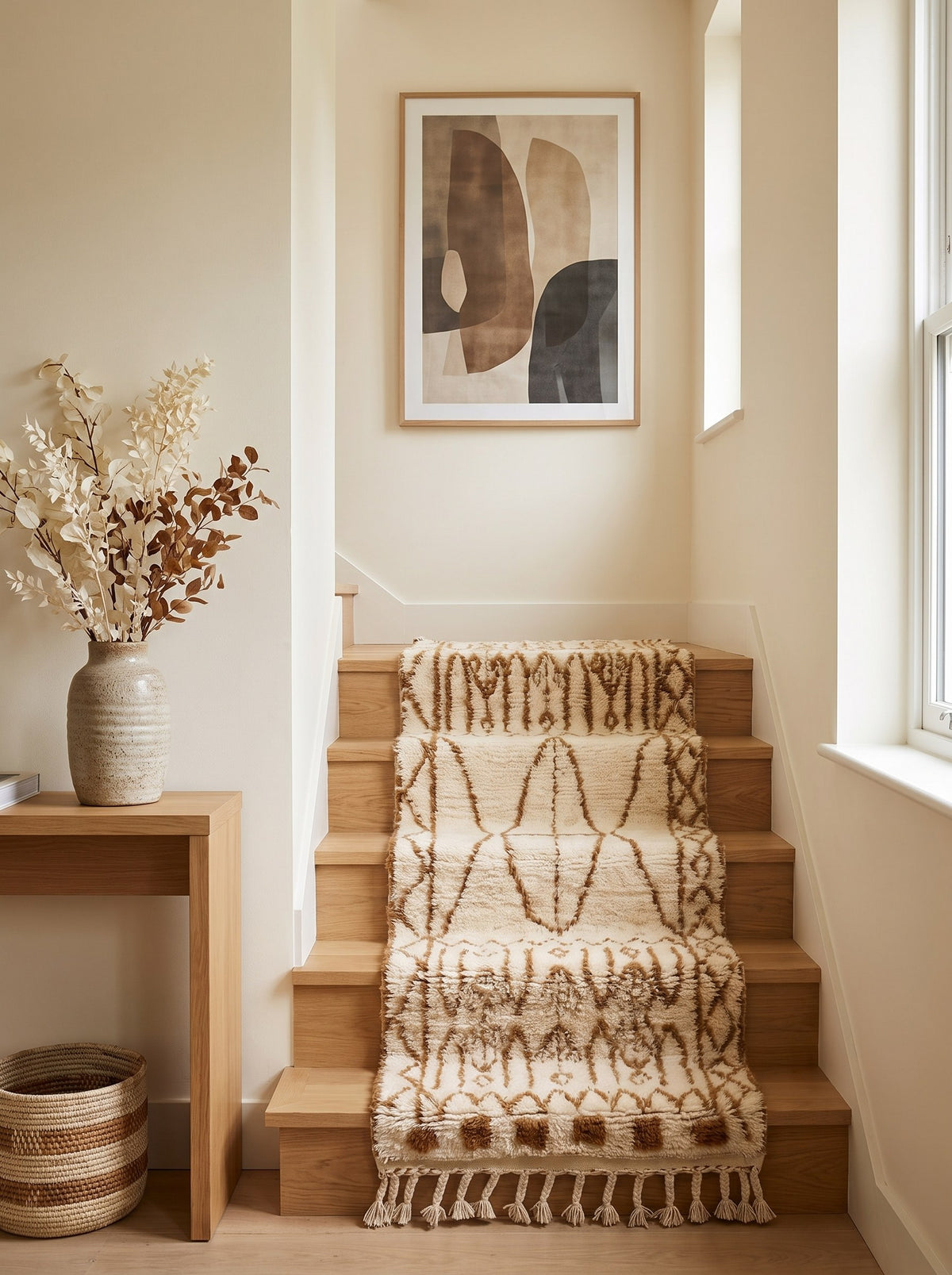 Tapis d'escalier berbère style Beni Ouarain blanc et caramel Zemroun sur un escalier, noué main au Maroc