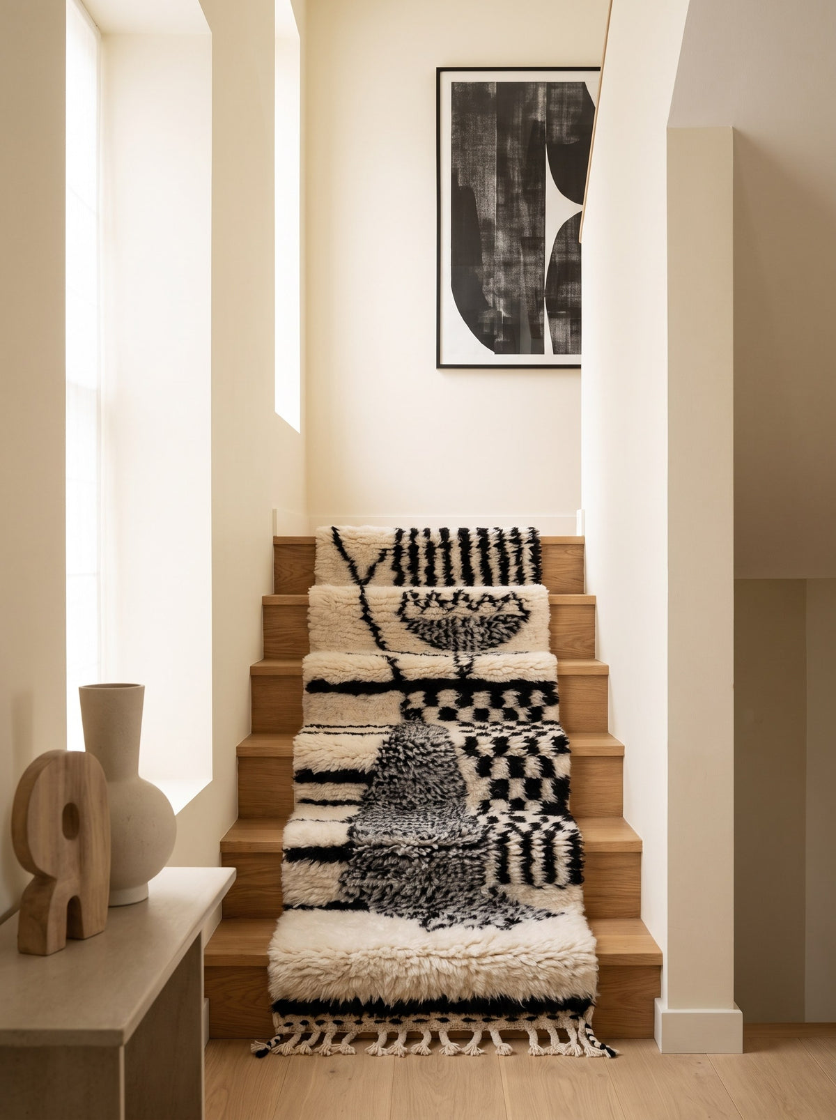 Tapis d'escalier berbère style Beni Ouarain blanc et noir Chellah sur un autre escalier, noué main au Maroc