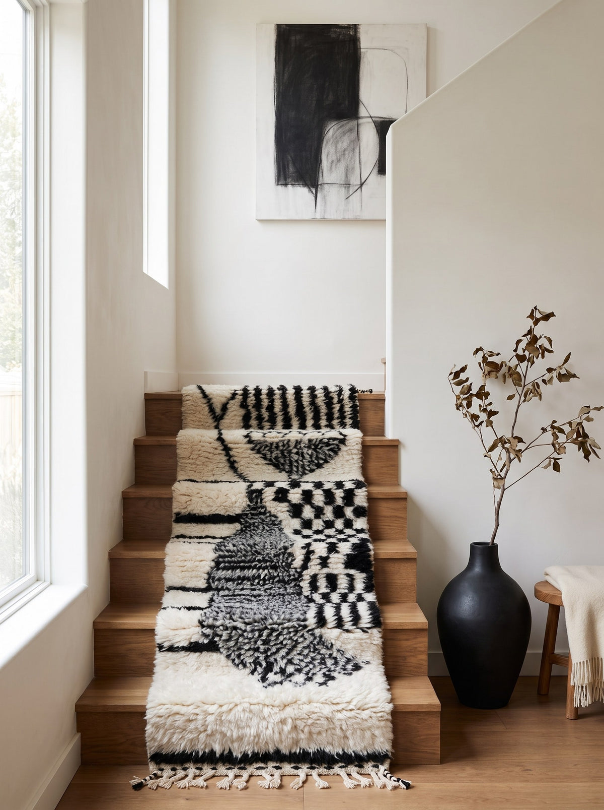 Tapis d'escalier berbère style Beni Ouarain blanc et noir Chellah sur un escalier, noué main au Maroc