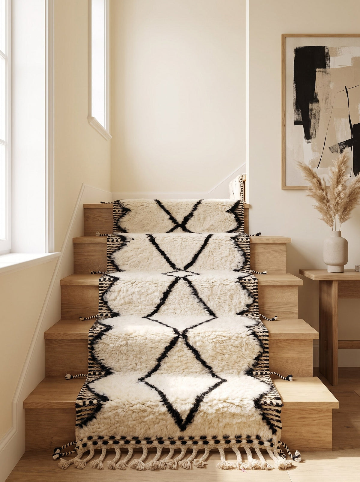 Kandar Berber stair runner, style Beni Ouarain, in white, on another staircase, hand-knotted in Morocco