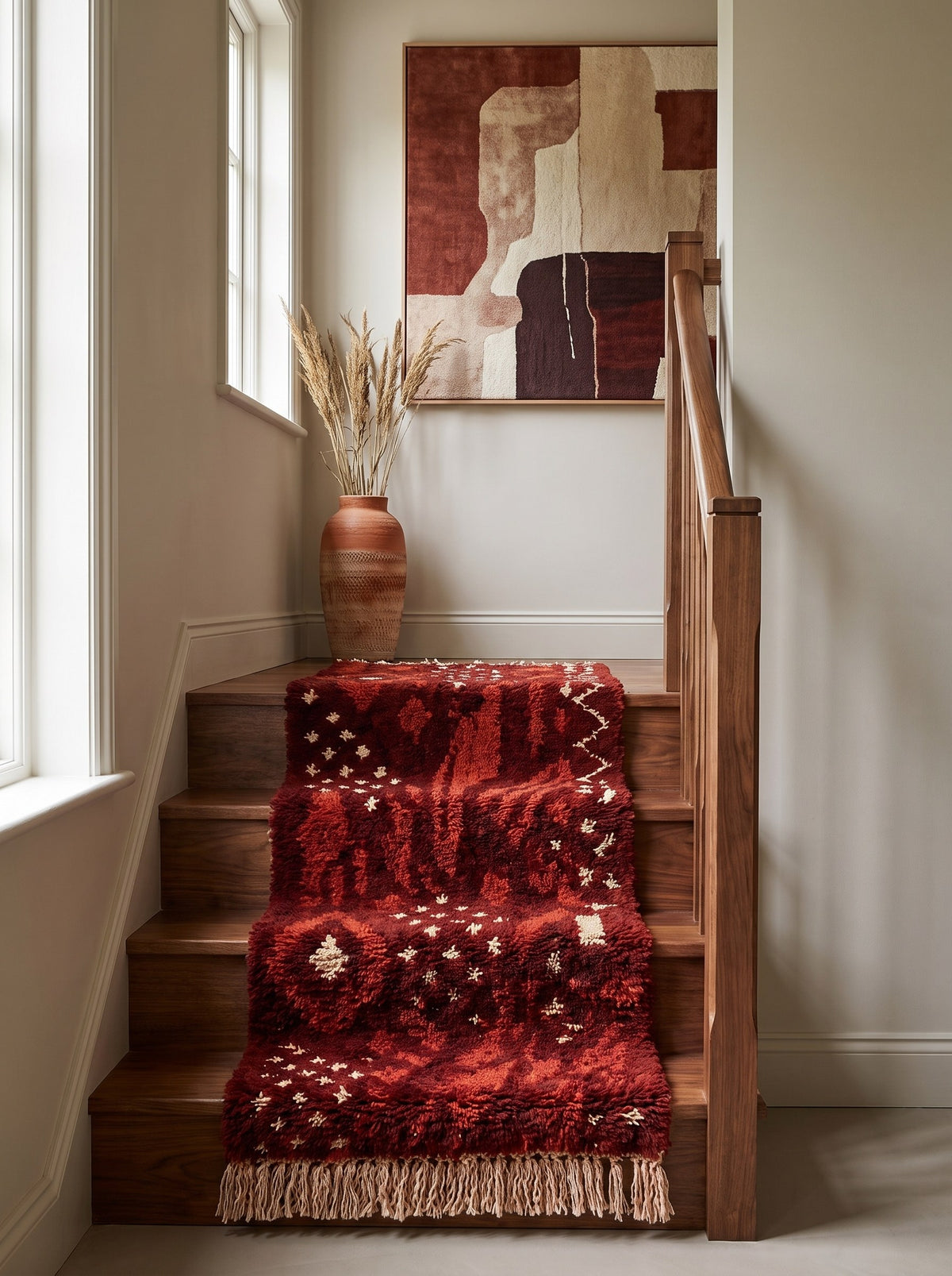 Khenifra Berber stair runner, Boujad style, in burgundy on another staircase, hand-knotted in Morocco