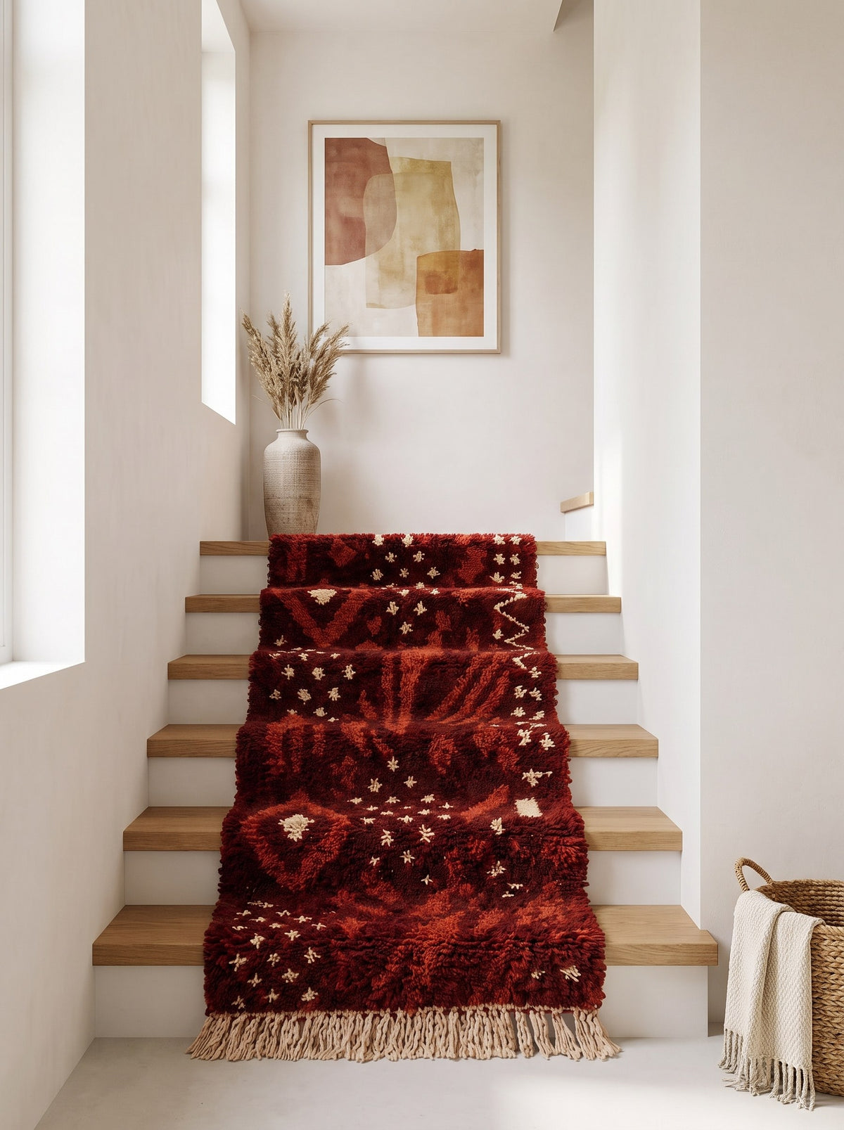 Khenifra Berber stair runner, Boujad style, in burgundy on a third staircase, hand-knotted in Morocco