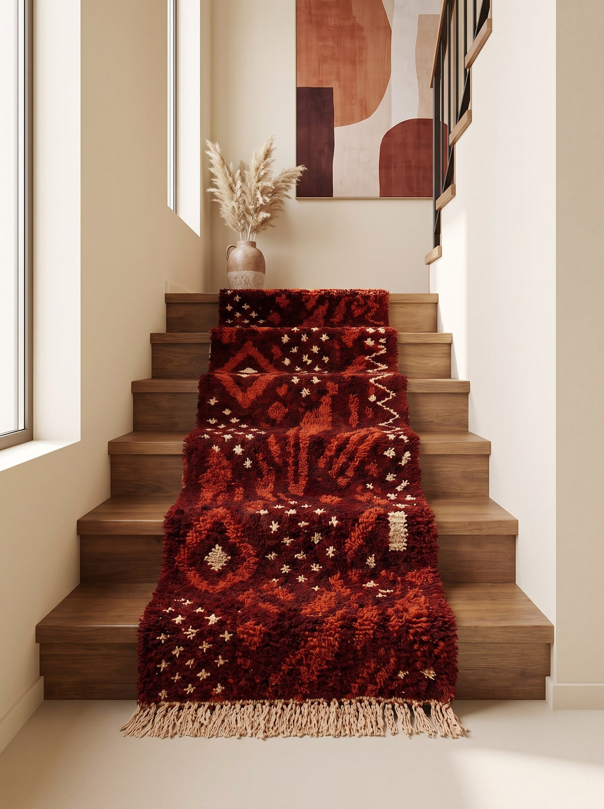Khenifra Berber stair runner, Boujad style, in burgundy on a staircase, hand-knotted in Morocco