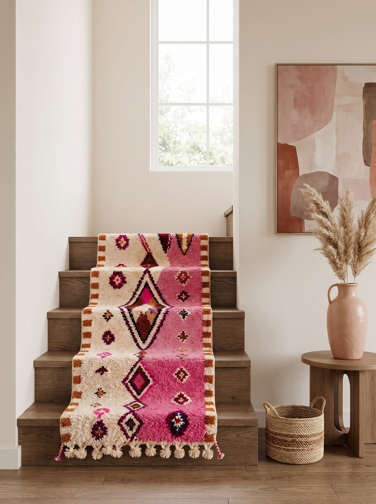 Tapis d'escalier berbère style Boujad rose et blanc Mazigh sur un escalier, noué main au Maroc