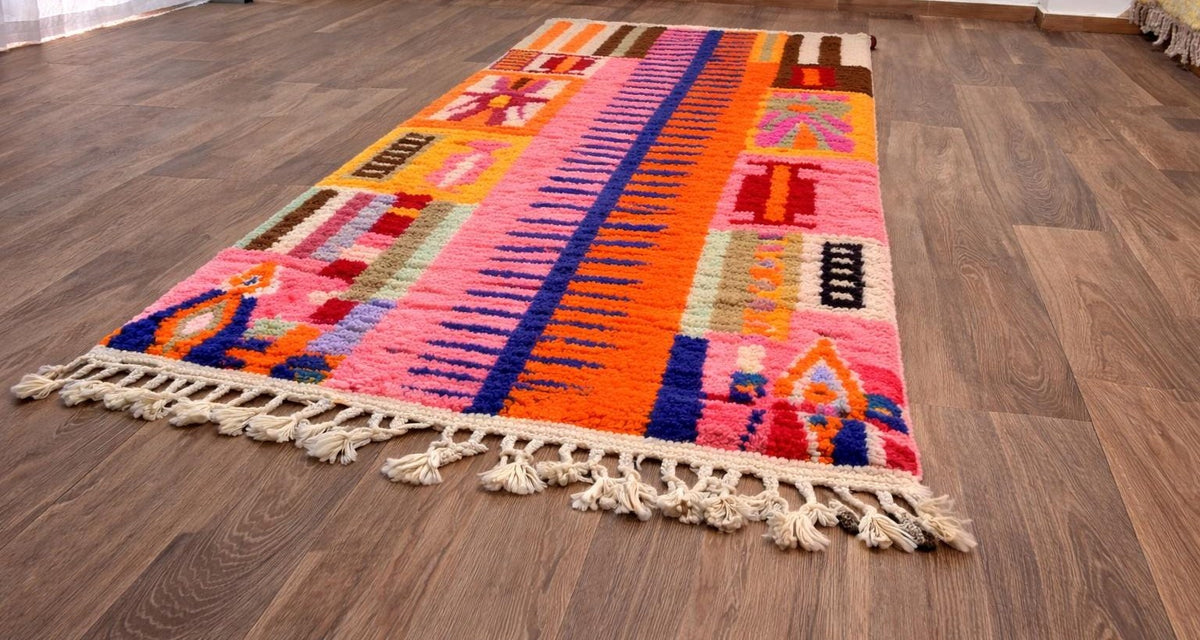 Amizmiz Berber stair runner, Boujad style, in pink and orange, on the floor, seen at an angle, hand-knotted in Morocco