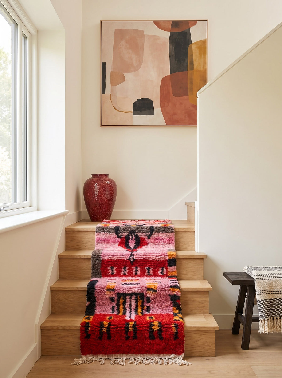 Imilchil Berber stair runner, Boujad style, in pink and red, on another staircase, hand-knotted in Morocco
