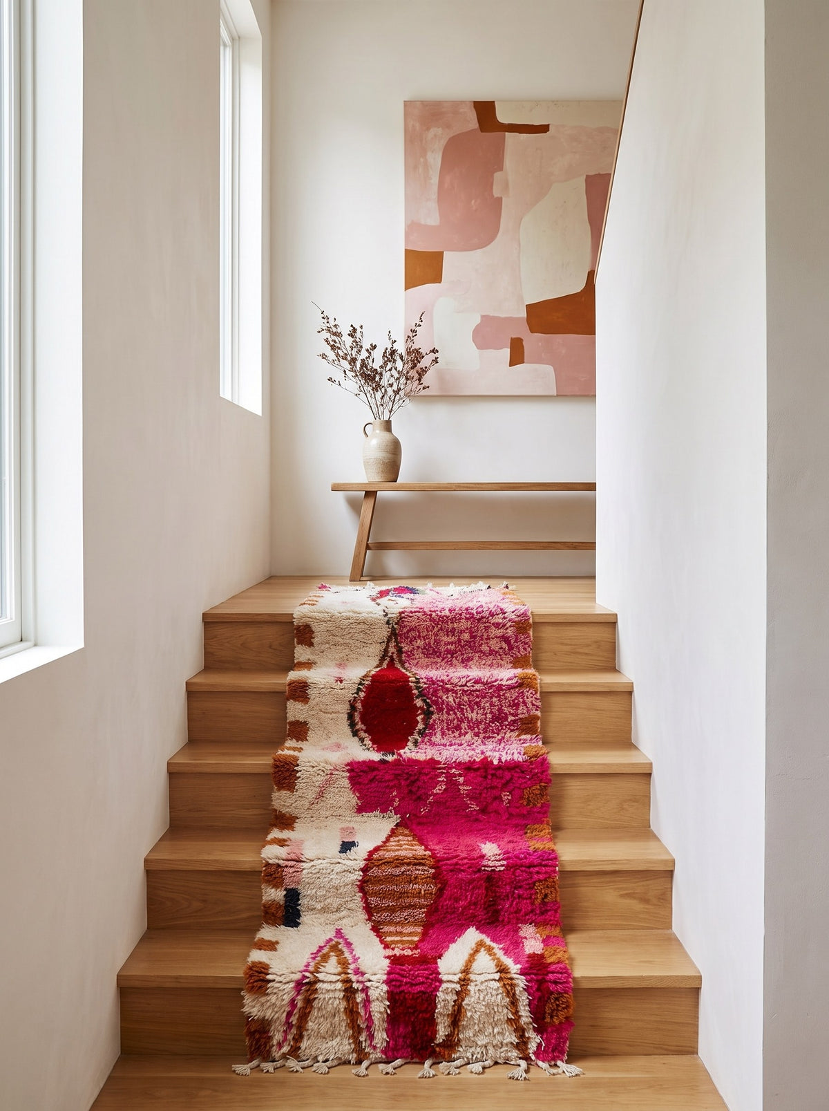 Tapis d'escalier berbère style Boujad rose fuchsia Anoura sur un escalier, noué main au Maroc