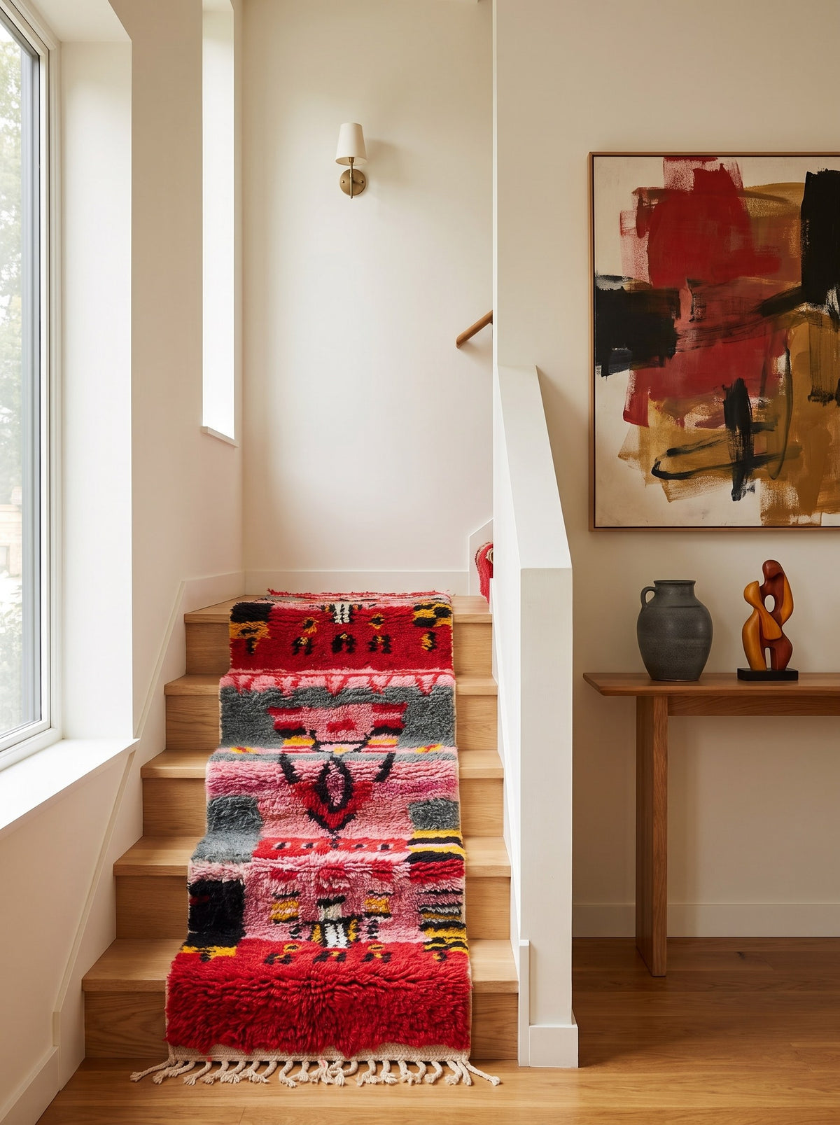 Tapis d'escalier berbère style Boujad rouge et rose Rassira sur un troisième escalier, noué main au Maroc