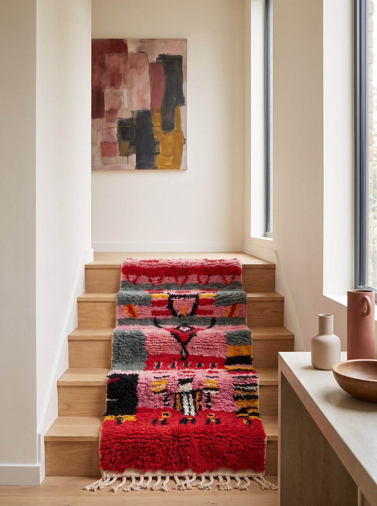 Tapis d'escalier berbère style Boujad rouge et rose Rassira sur un escalier, noué main au Maroc