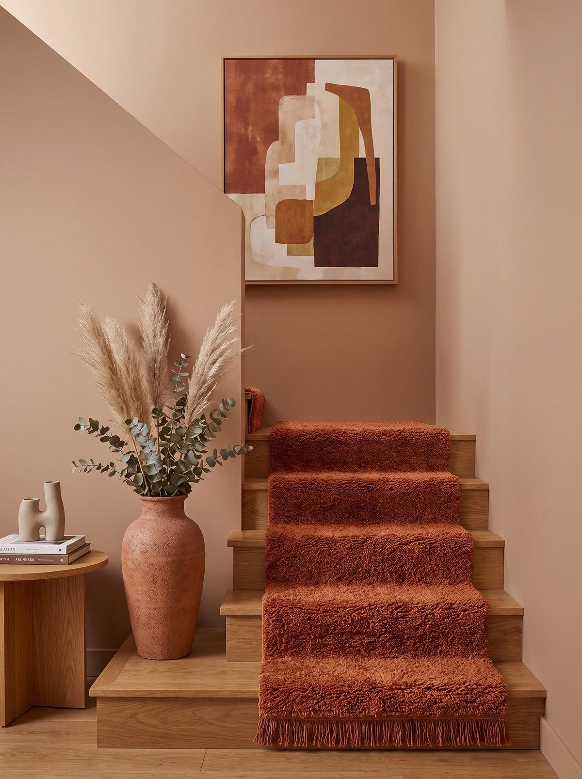 Guercif Berber stair runner, plain terracotta, on another staircase, hand-knotted in Morocco