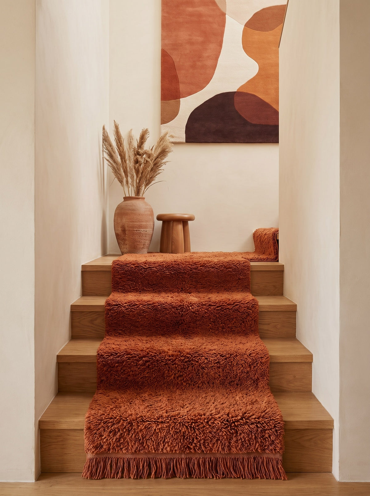 Guercif Berber stair runner, plain terracotta, on a third staircase, hand-knotted in Morocco