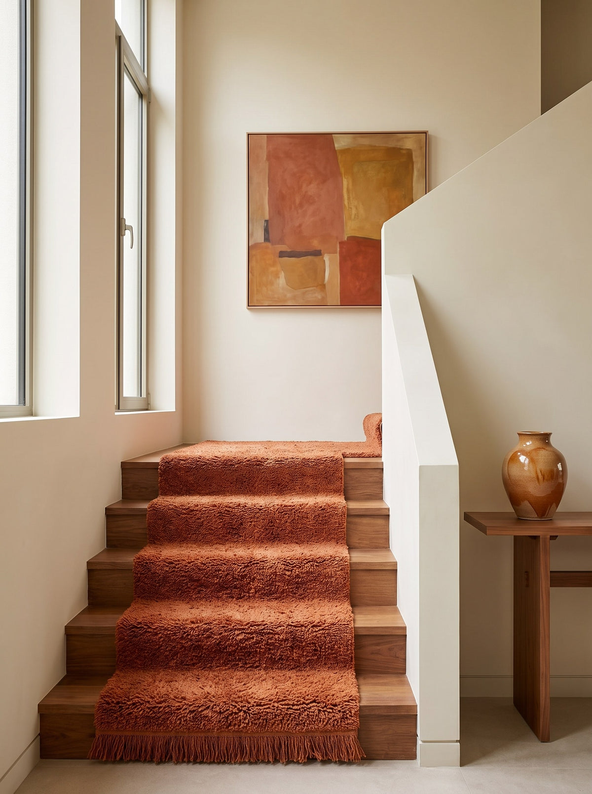 Guercif Berber stair runner, plain terracotta, on a staircase, hand-knotted in Morocco