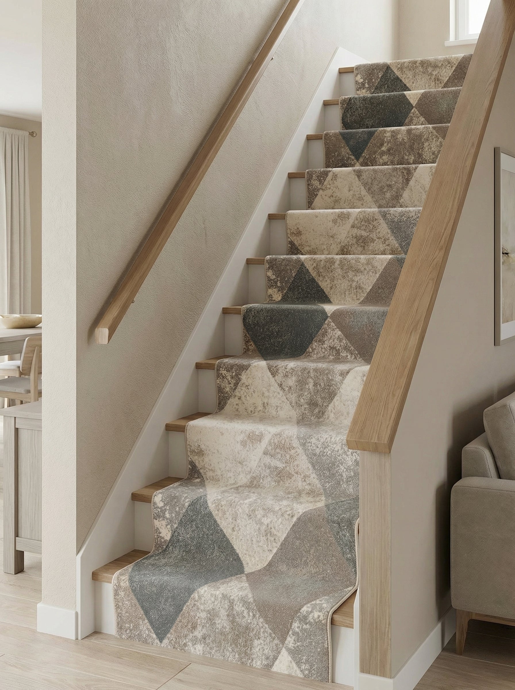 Tapis d'escalier à motifs géométriques de triangles crème, beiges et gris foncé avec un effet usé, installé dans une entrée moderne