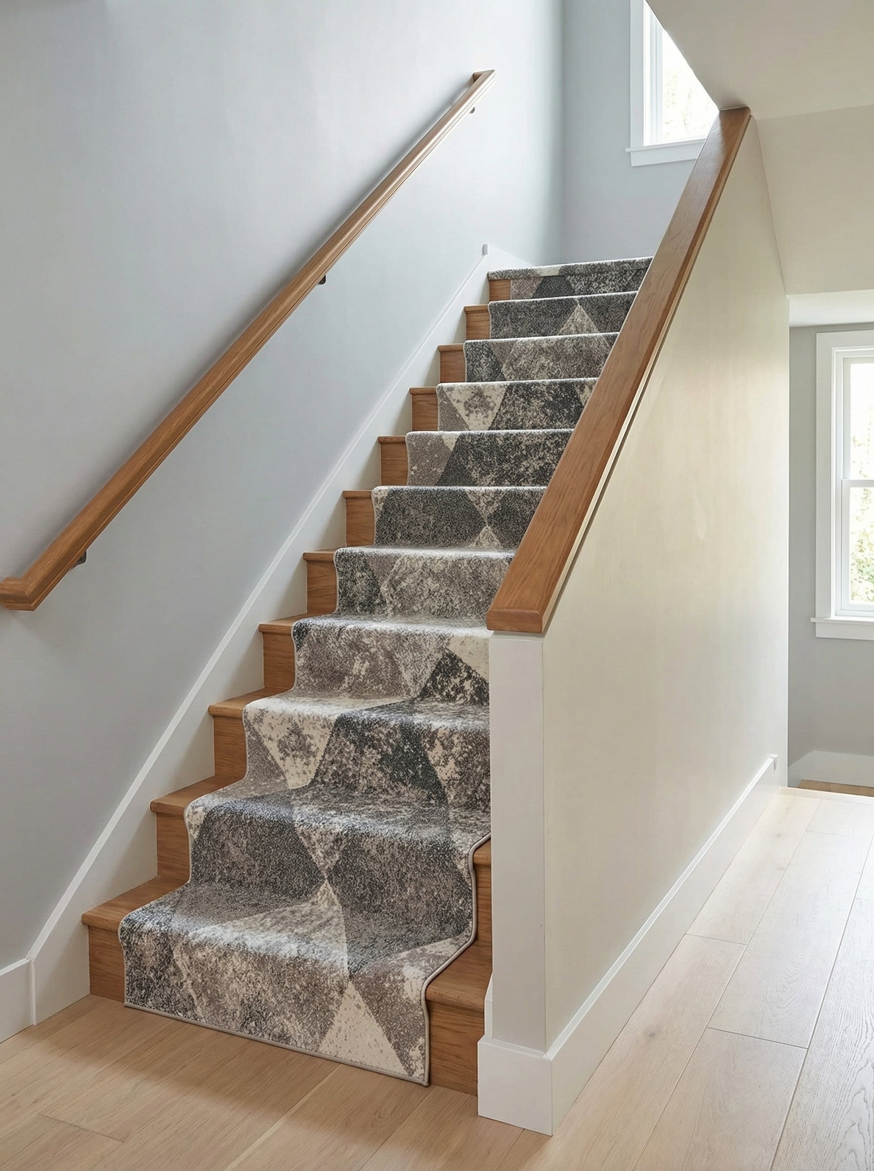 Tapis d'escalier géométrique en tons de gris et beige, avec des motifs abstraits et texturés, dans une entrée lumineuse