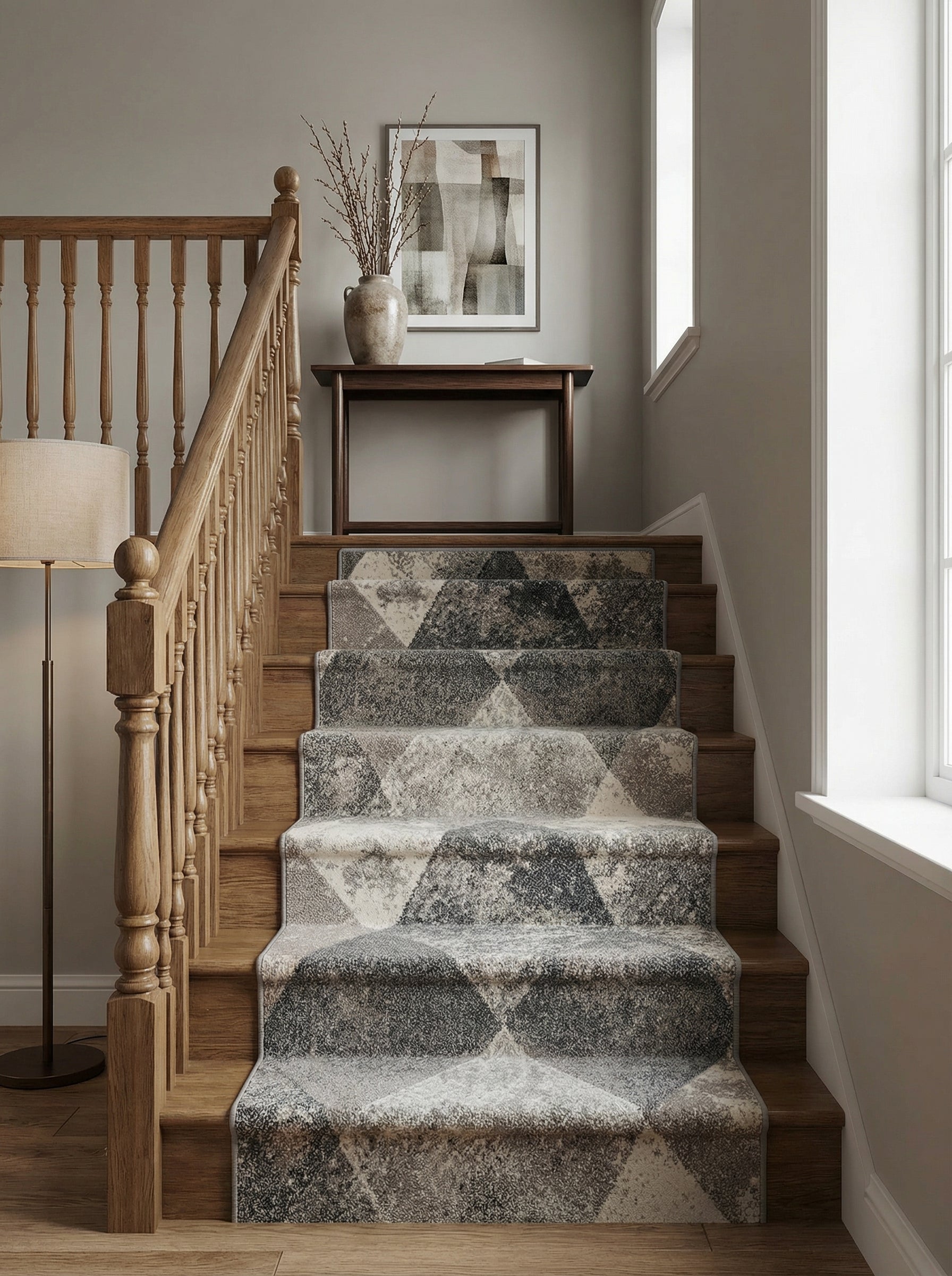 Tapis d'escalier texturé aux motifs géométriques triangulaires gris clair, gris foncé et beige, dans un hall d'entrée