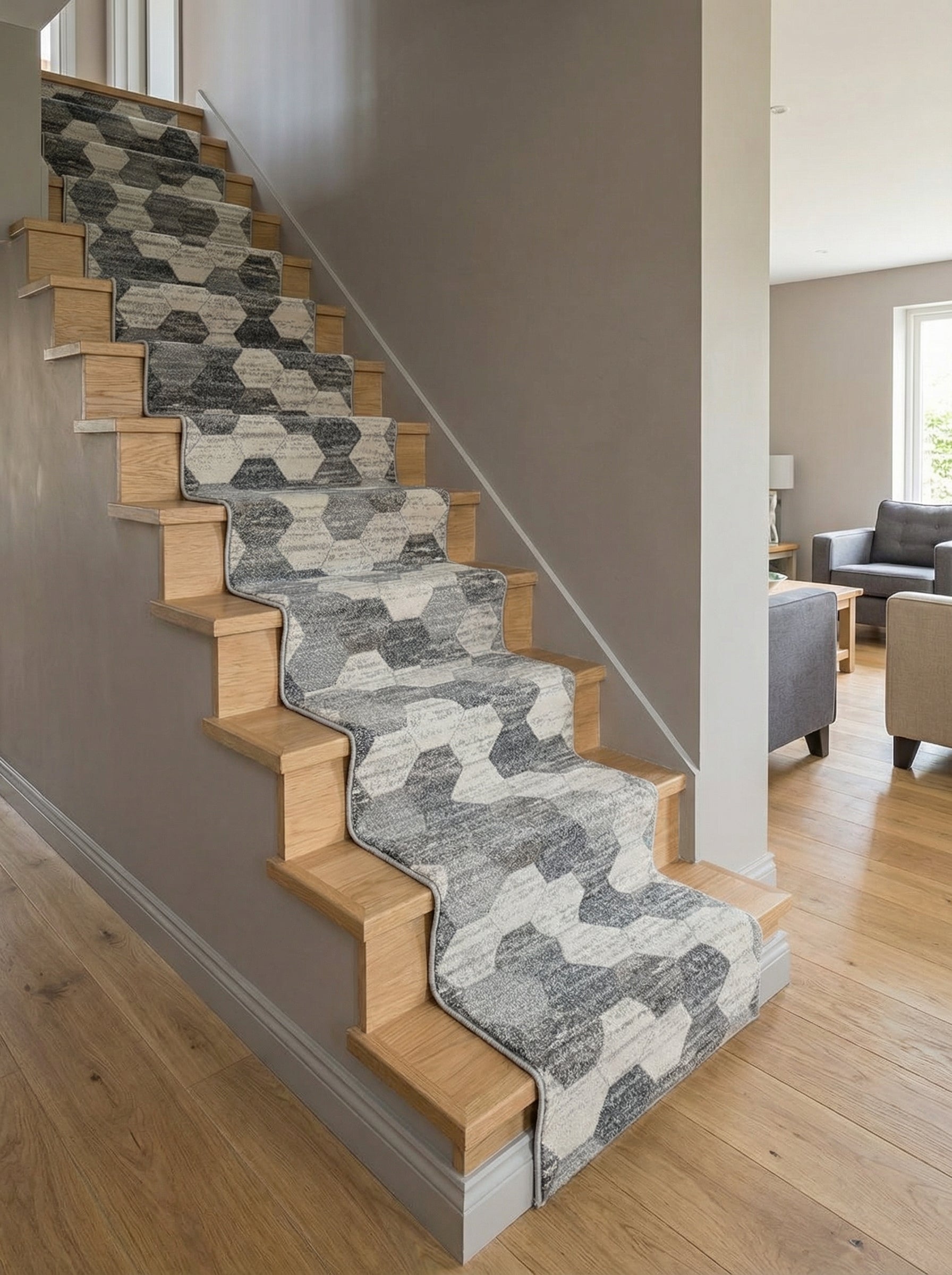 Tapis d'escalier gris clair et foncé à motifs hexagonaux géométriques, sur des marches en bois clair menant à un salon