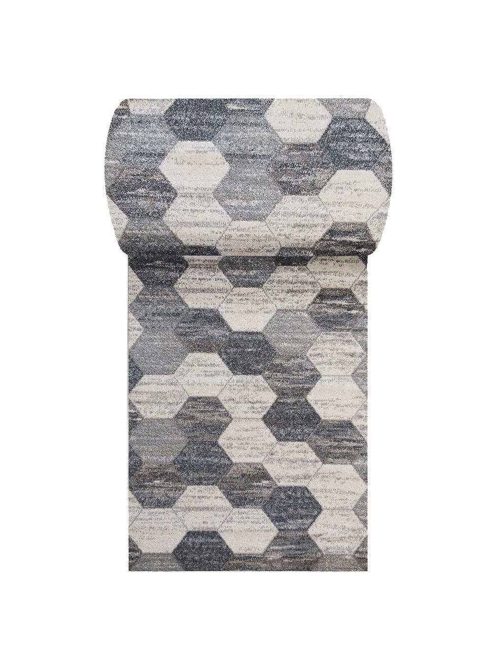 Tapis partiellement enroulé à motif hexagonal composé de blocs gris clair, gris moyen et anthracite mouchetés