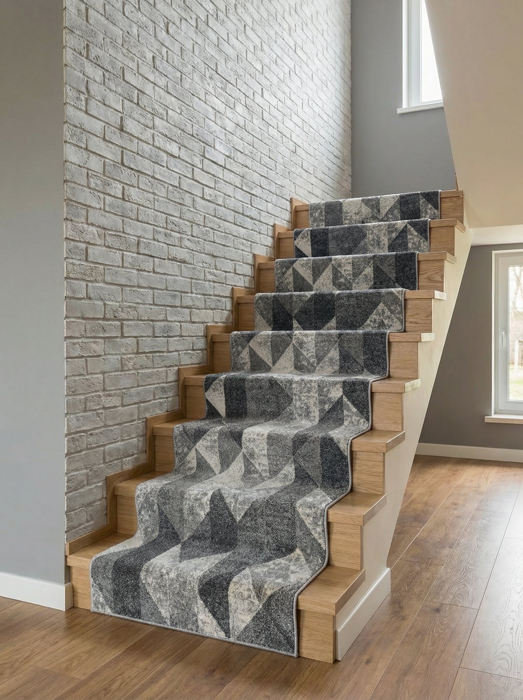 Tapis d'escalier gris aux motifs géométriques triangulaires et texturés, couvrant des marches en bois clair dans une entrée moderne