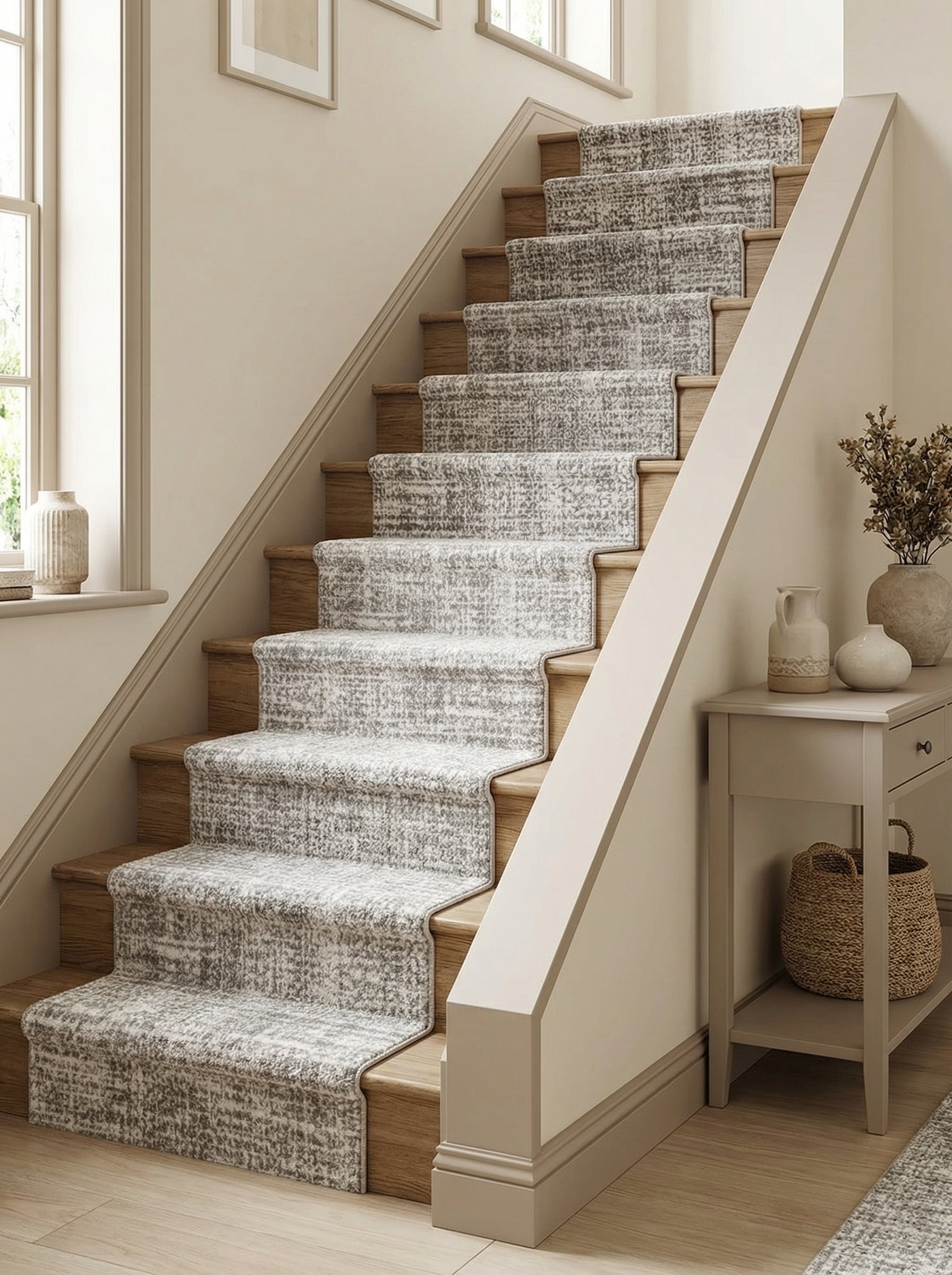 Tapis d'escalier texturé gris et blanc cassé avec un motif moucheté, recouvrant des marches en bois clair dans un hall