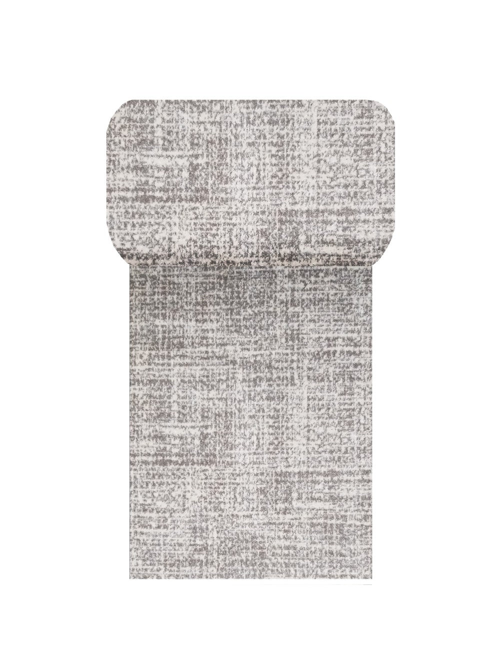 Tapis rectangulaire enroulé sur sa partie supérieure, au motif abstrait chiné gris clair et gris foncé, à l'aspect texturé