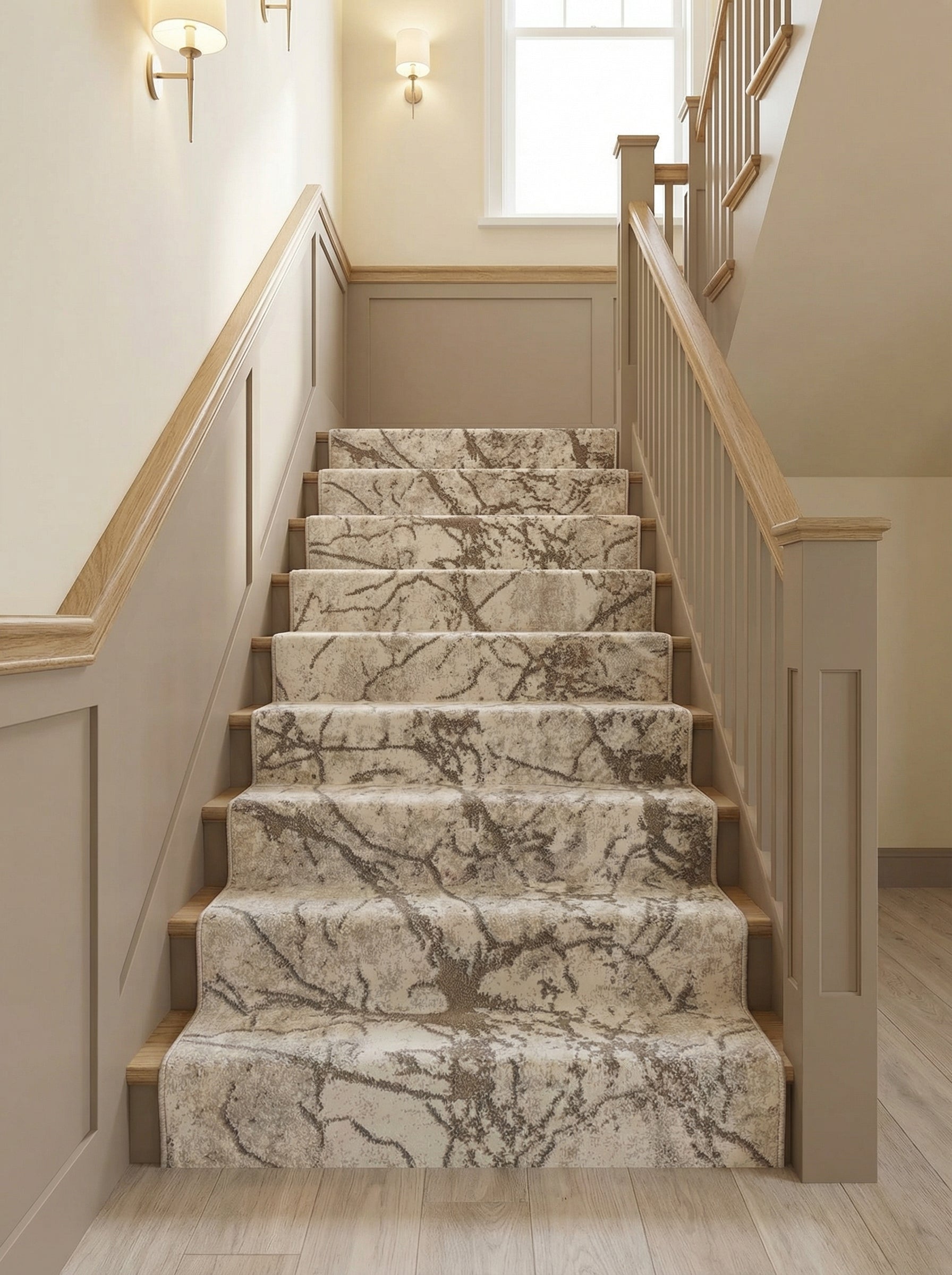 Tapis d'escalier beige clair avec motifs organiques marron foncé sur un escalier en bois clair dans un couloir moderne