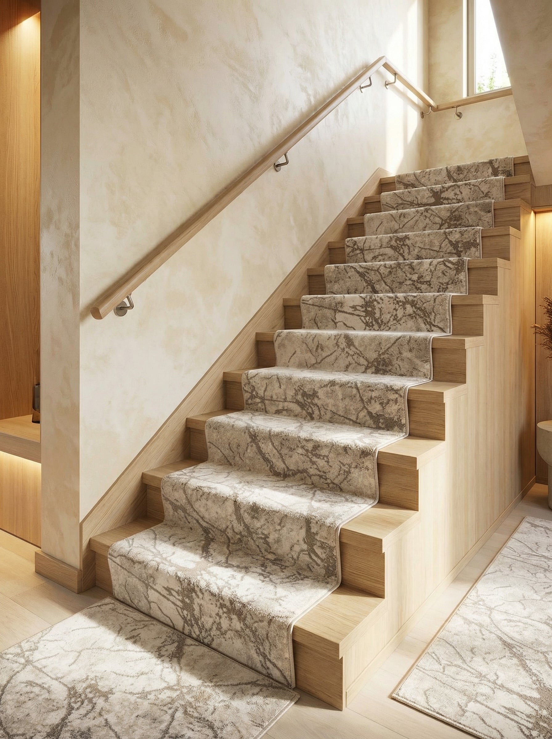 Tapis moelleux beige clair et gris-brun aux motifs abstraits, recouvrant un escalier en bois et une partie du sol d'un hall