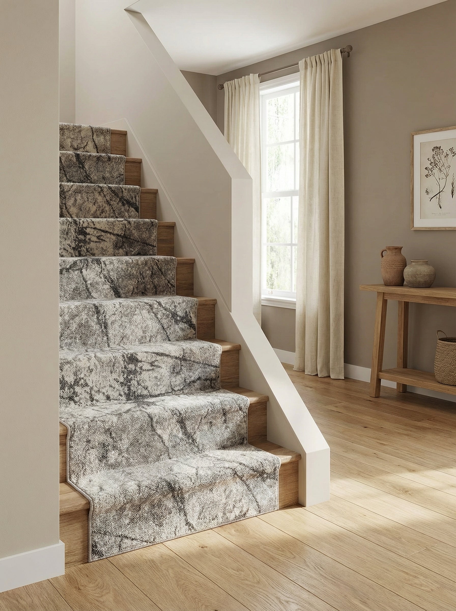 Un tapis d'escalier gris clair texturé avec des motifs sombres rappelant la pierre, posé sur des marches en bois clair dans une entrée lumineuse