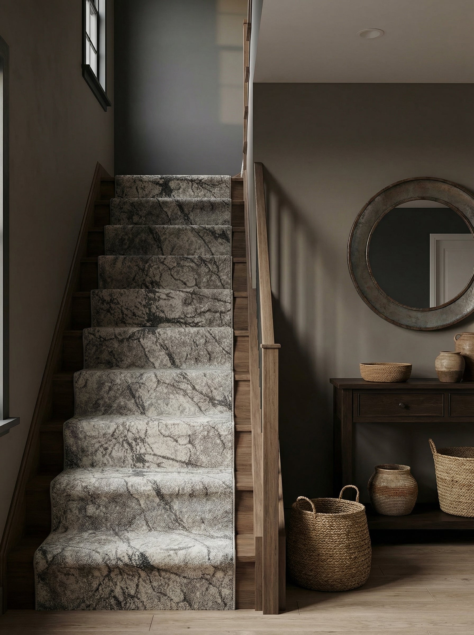 Tapis d'escalier clair aux motifs de veines grises foncées, posé sur des marches en bois dans une entrée moderne et sombre
