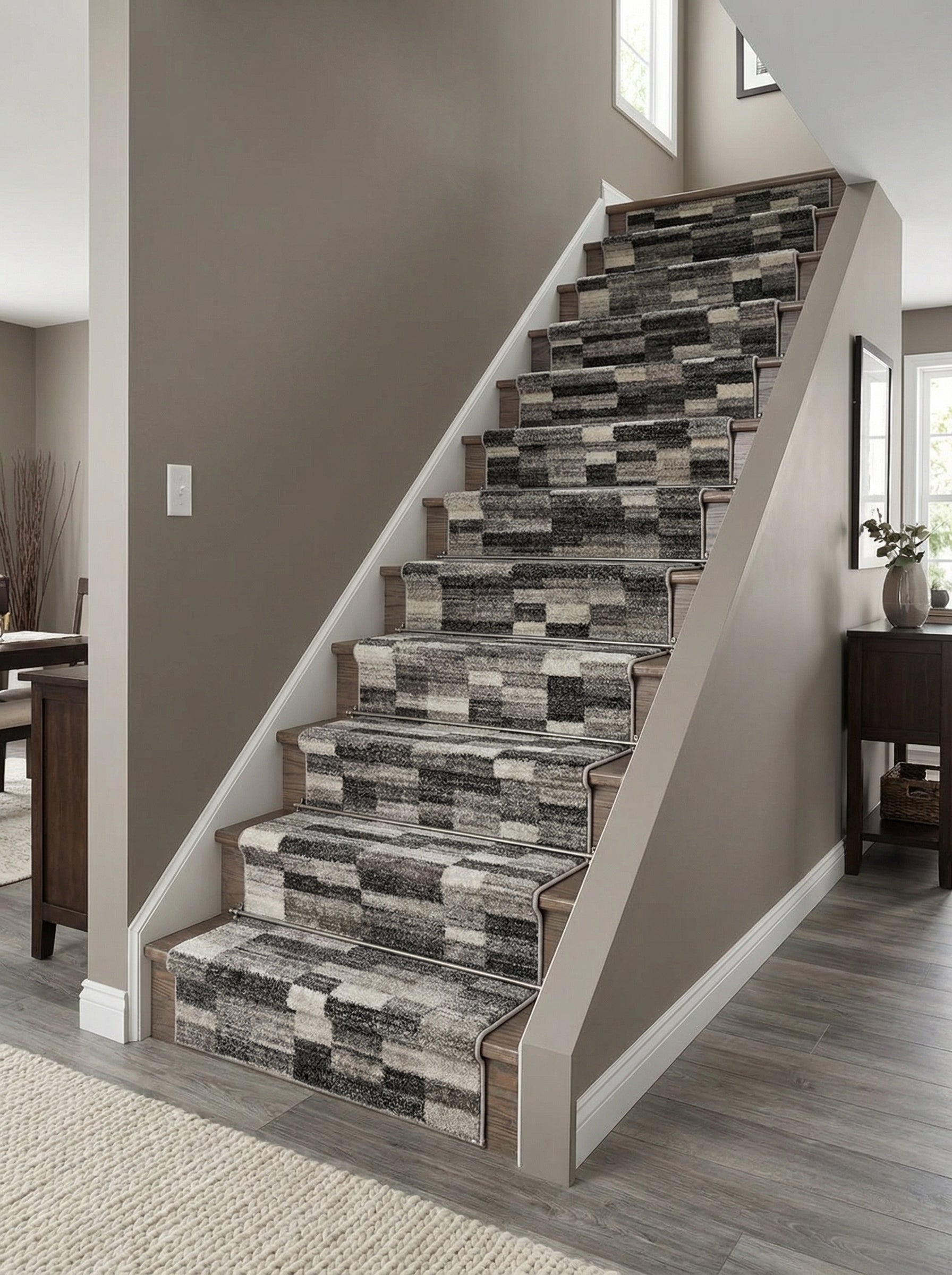Chemin de tapis d'escalier texturé, à motifs géométriques de blocs gris, noirs et beiges, dans un hall d'entrée