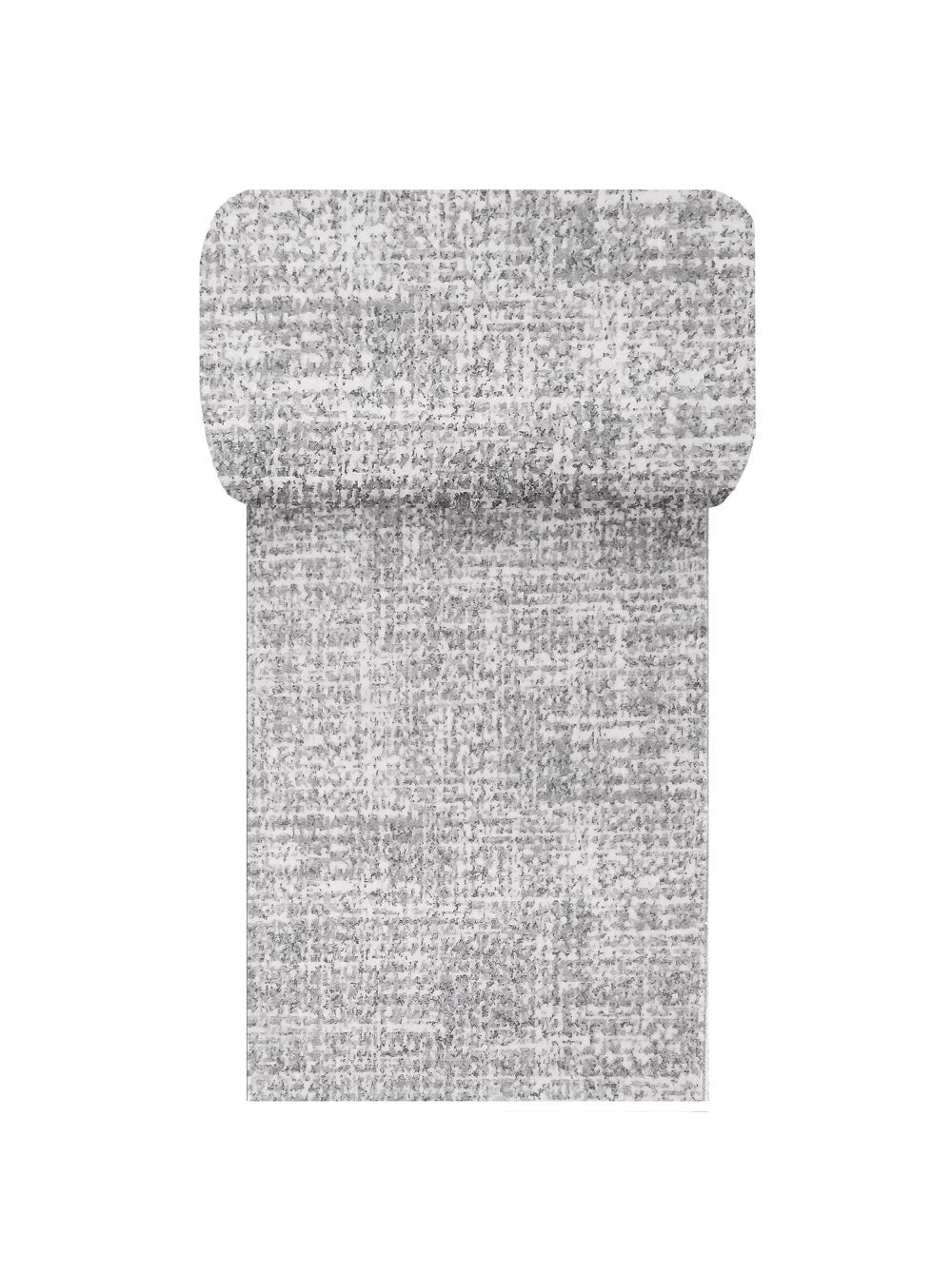 Tapis texturé gris et blanc, avec une surface mouchetée et un motif irrégulier, partiellement roulé sur le dessus