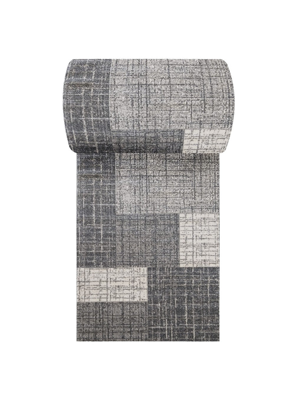 Tapis partiellement roulé aux motifs géométriques abstraits en nuances de gris et blanc cassé, à la texture textile douce