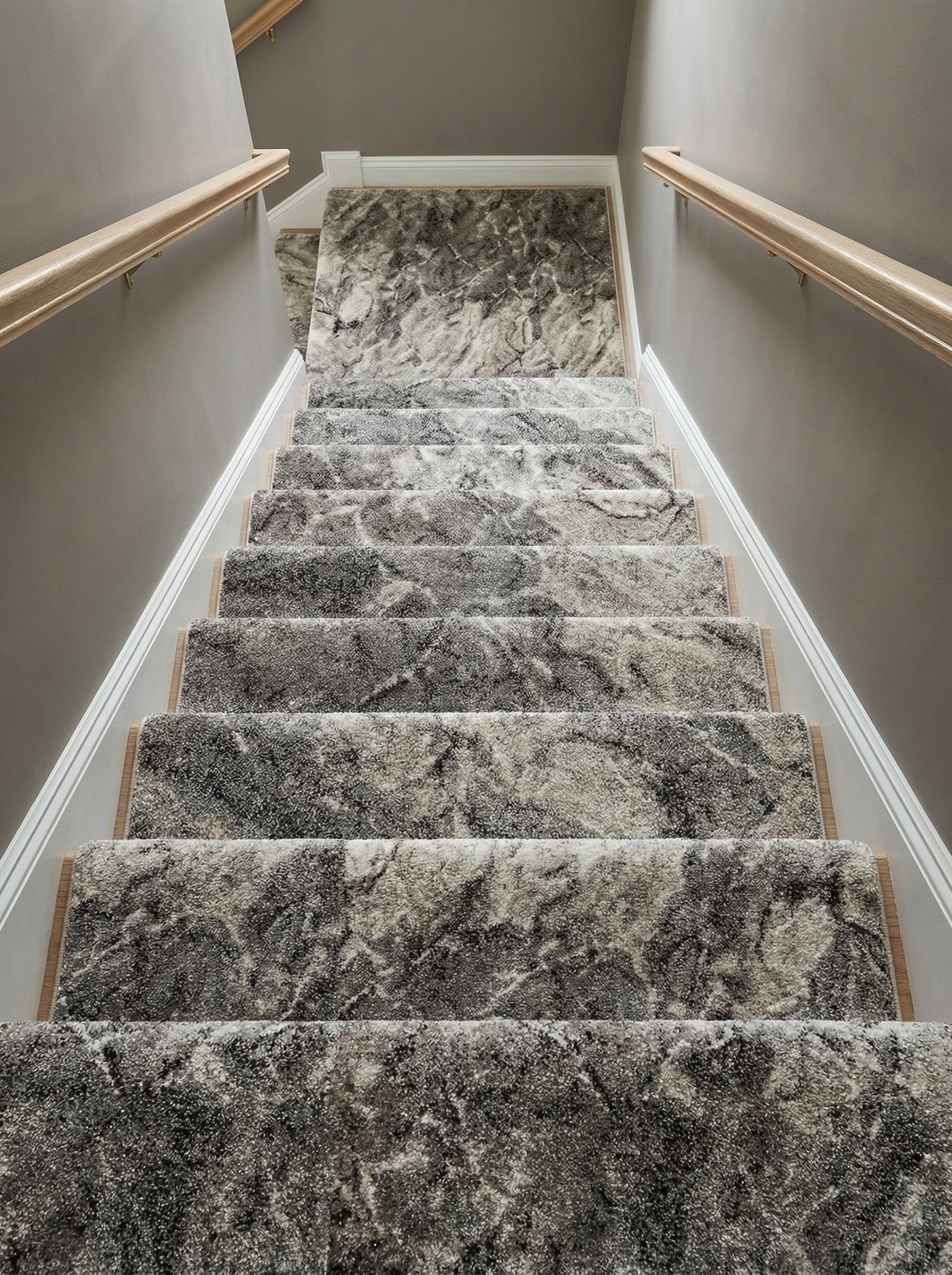 Tapis d'escalier texturé gris et noir aux motifs abstraits marbrés, recouvrant les marches d'un escalier avec rampe en bois