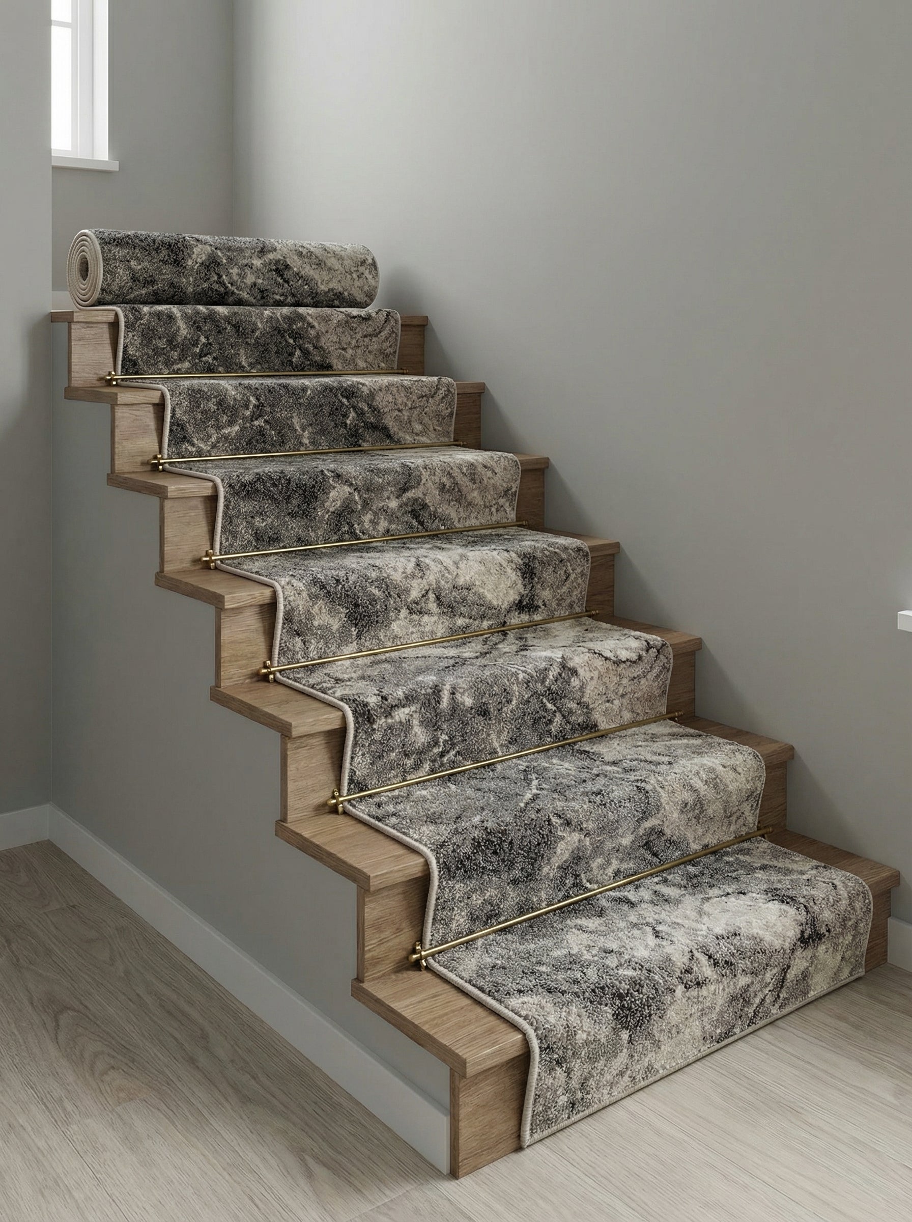 Tapis d'escalier à motif marbré gris, noir et blanc, partiellement enroulé, fixé par des tringles dorées sur marches en bois clair dans un couloir