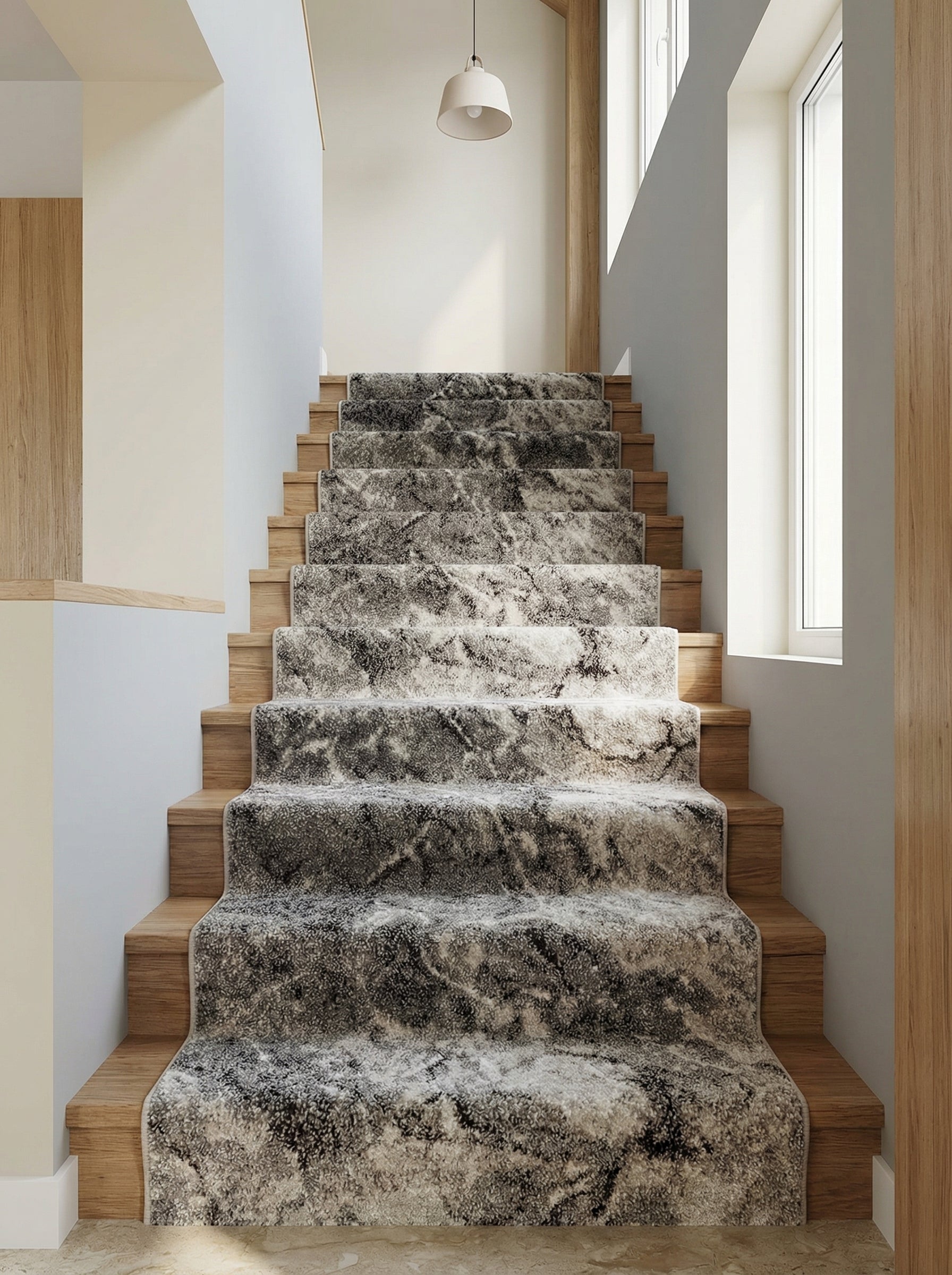 Tapis d'escalier moelleux gris, blanc et noir à motifs abstraits marbrés, posé sur un escalier en bois clair d'un hall
