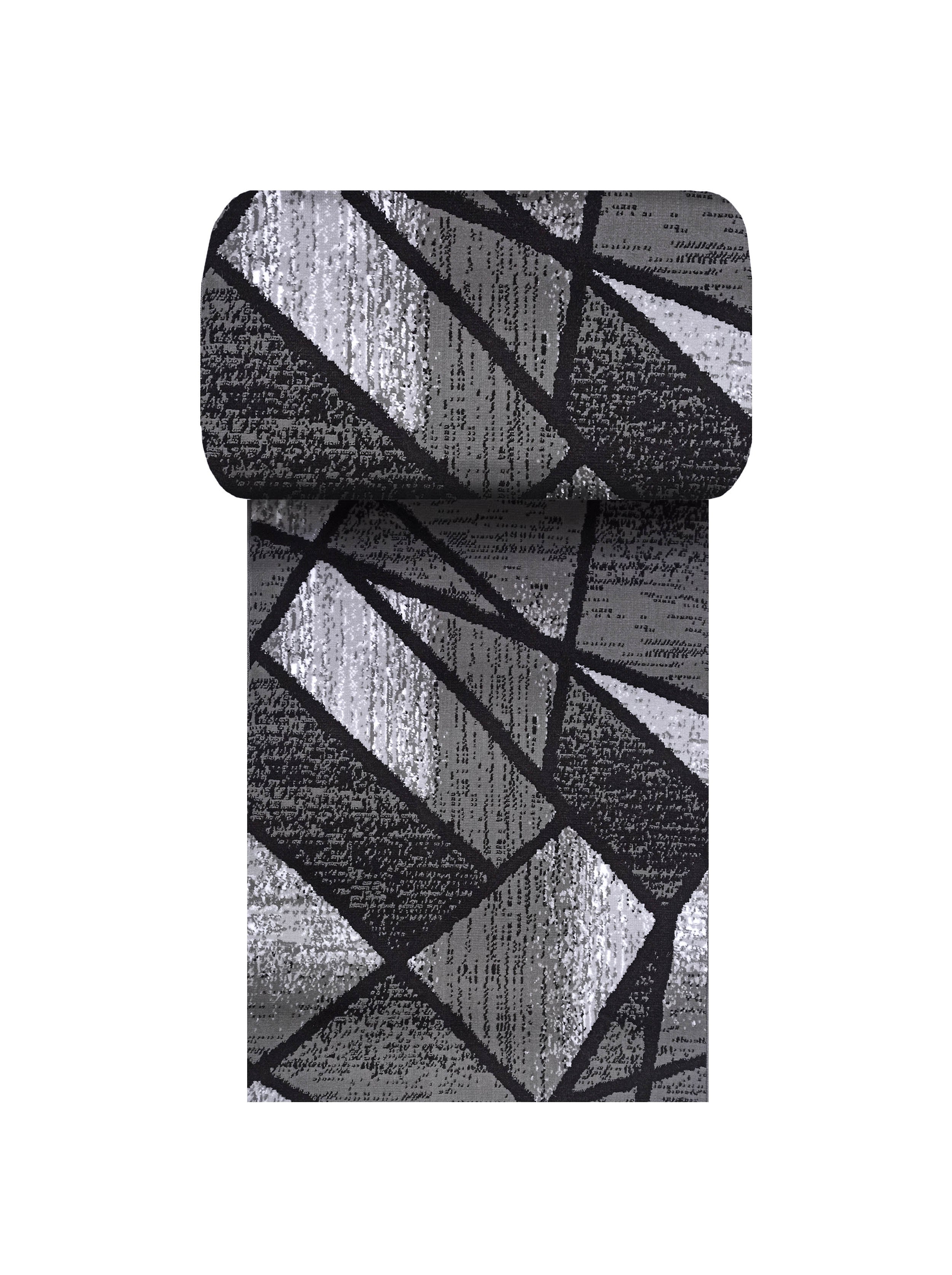 Tapis roulé gris, noir et argenté avec un motif géométrique abstrait de lignes sombres et de textures variées