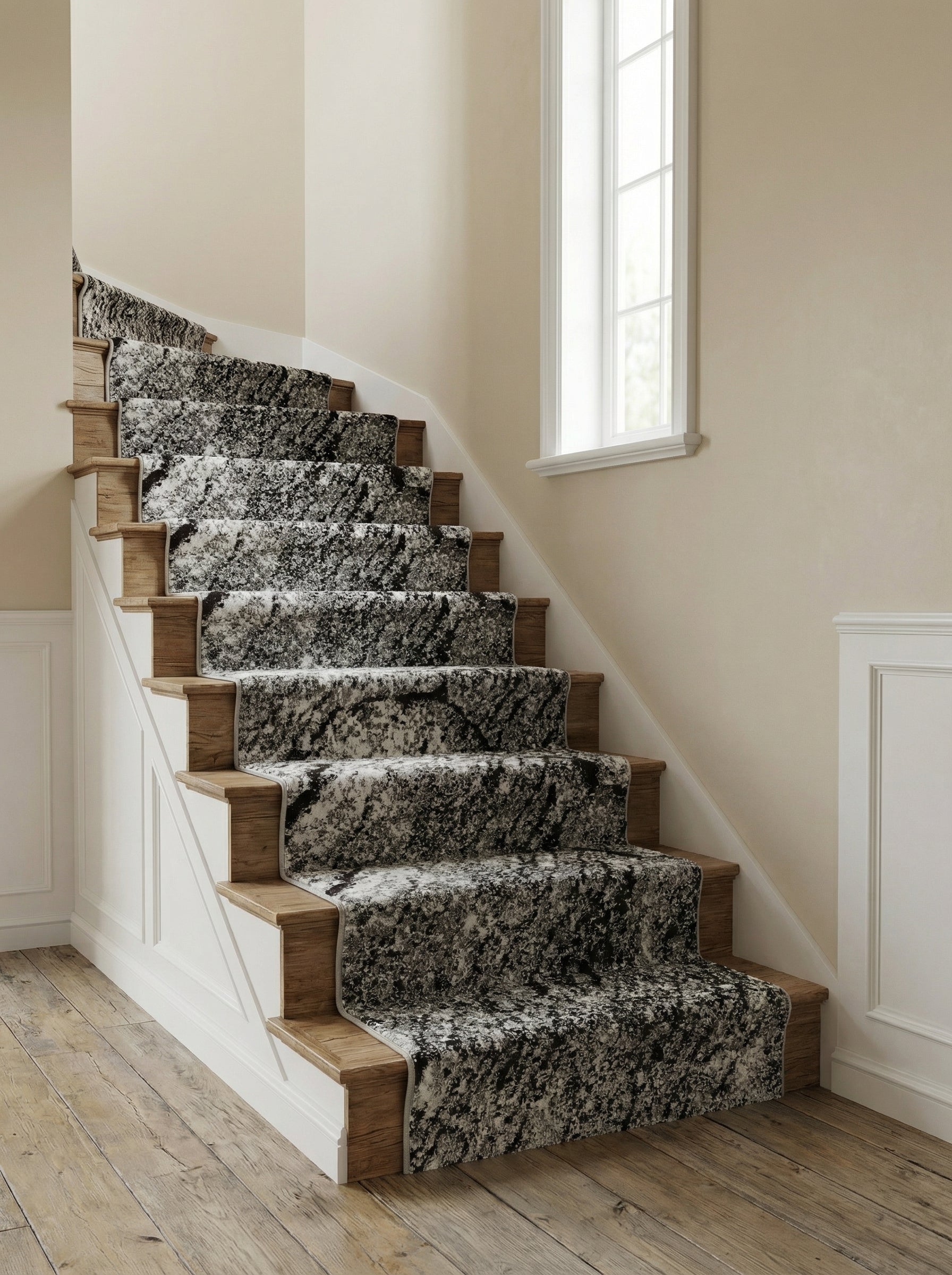 Tapis d'escalier noir et gris clair à motif moucheté recouvrant des marches en bois dans un hall d'escalier lumineux