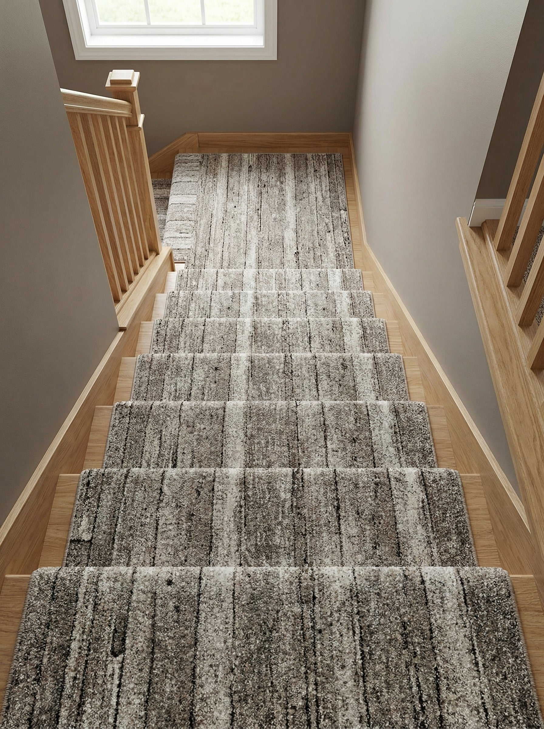 Long tapis d'escalier gris chiné et crème avec des motifs verticaux abstraits, posé sur une série de marches en bois