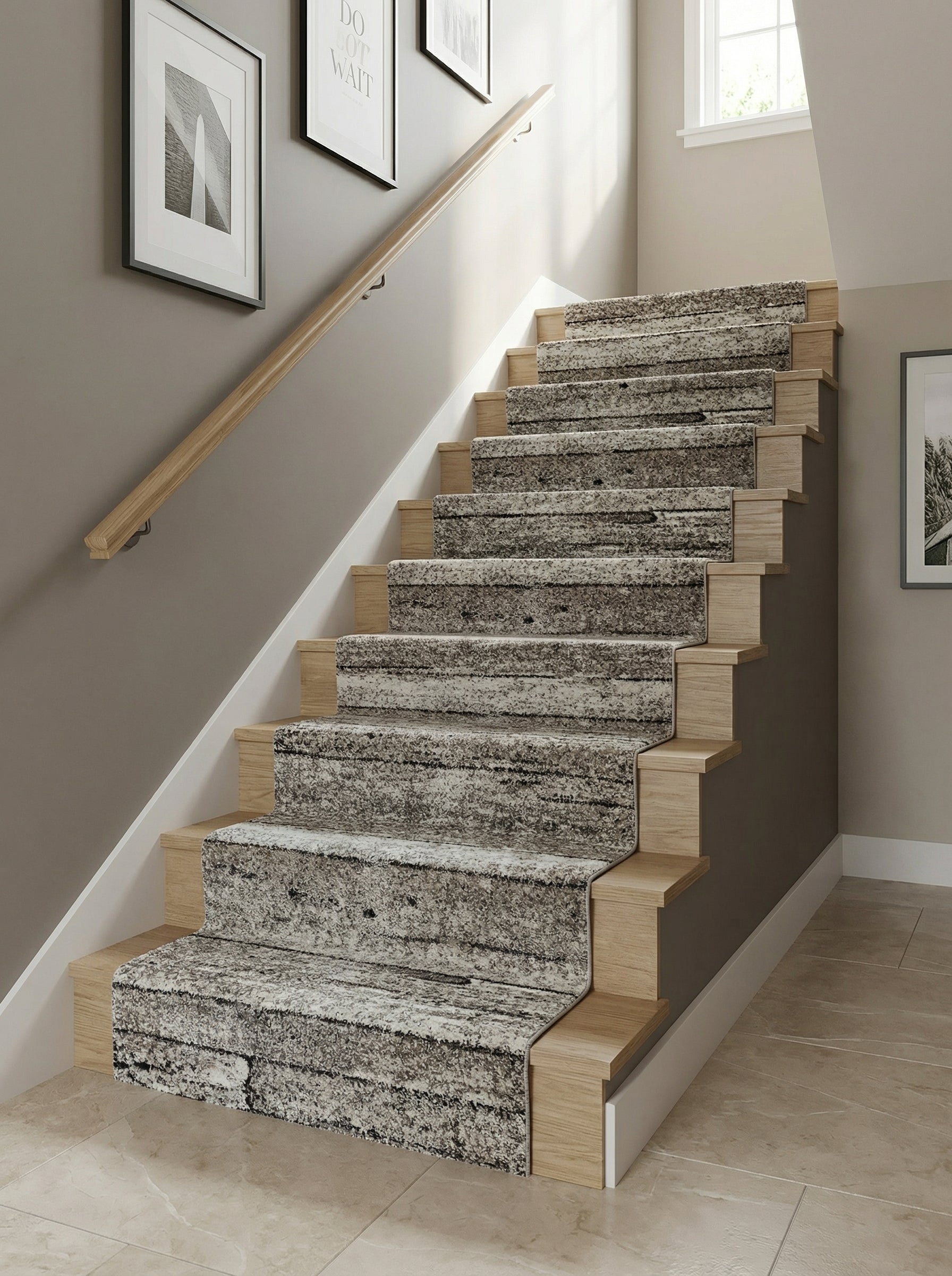 Tapis d'escalier chiné gris, blanc et noir à motif abstrait, couvrant des marches en bois clair dans un hall d'entrée lumineux