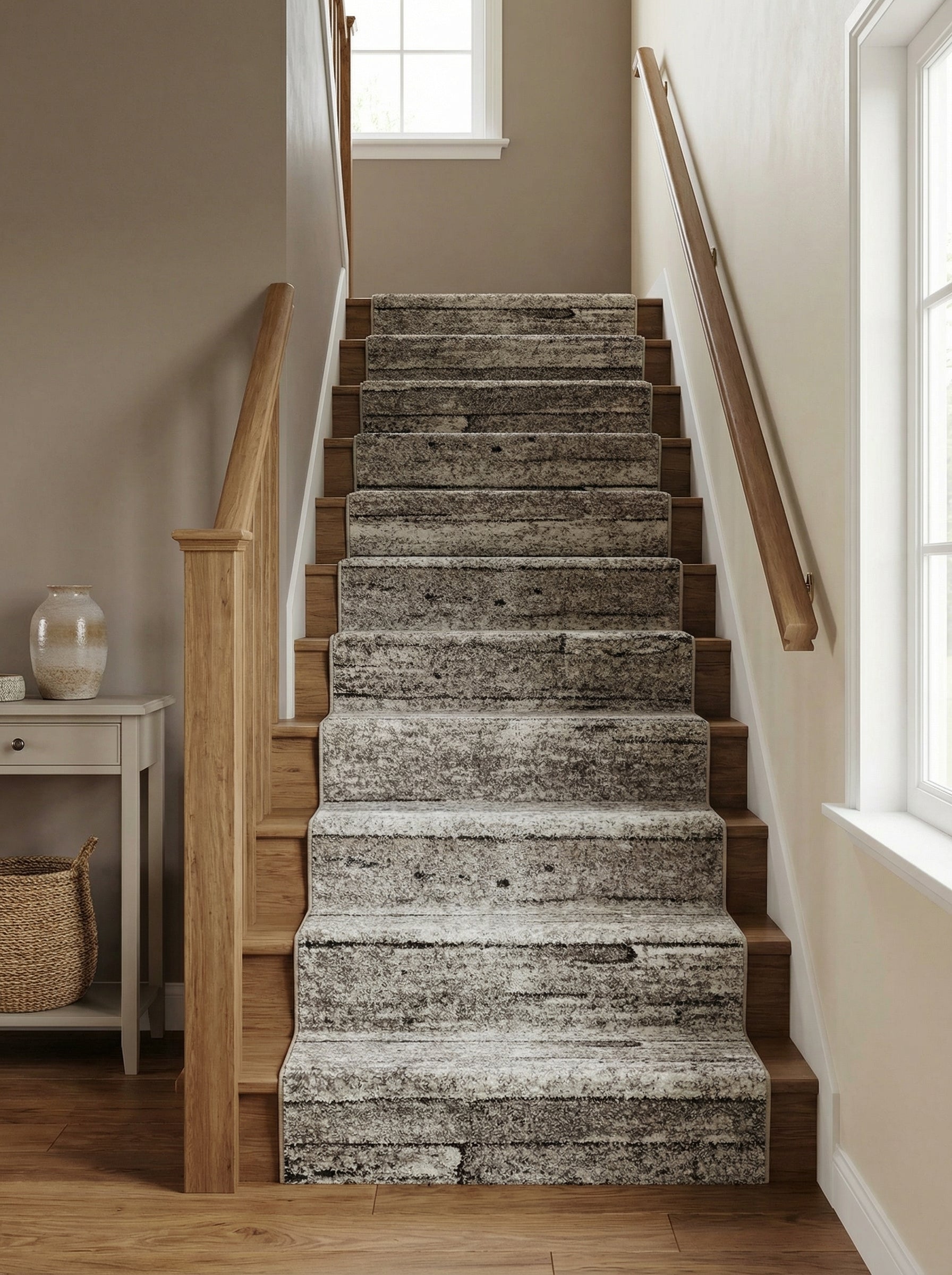 Tapis d'escalier en moquette à motifs abstraits chinés gris et noir, recouvrant des marches en bois dans une cage d'escalier