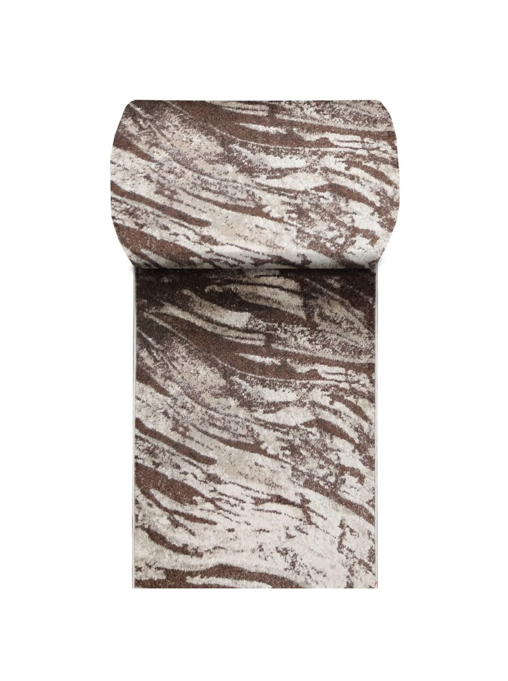 Tapis moelleux roulé à motifs abstraits ondulés marron et beige clair, avec une texture douce et dense