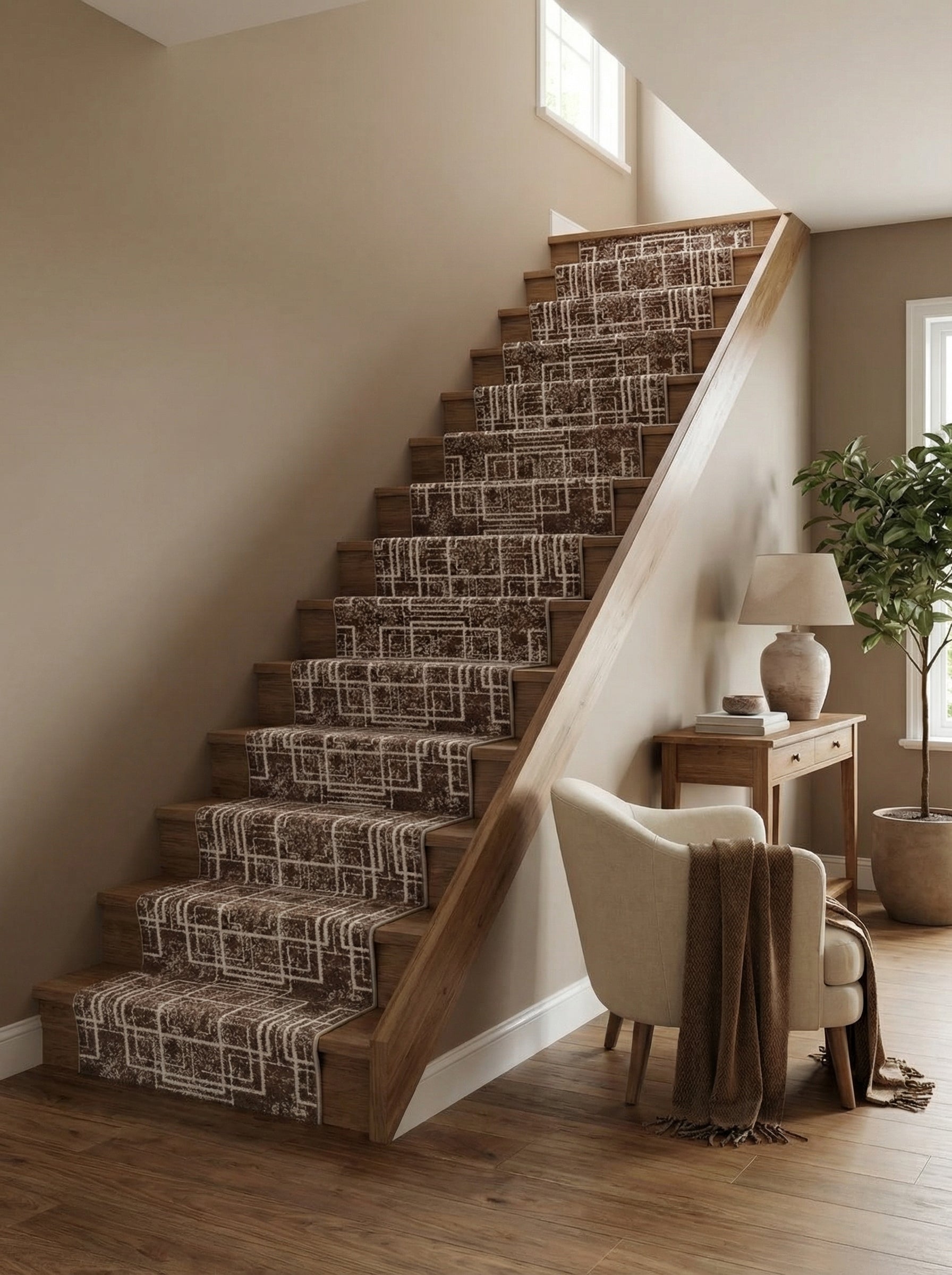 Tapis d'escalier marron aux motifs géométriques blancs, texturé, posé sur un escalier en bois dans une entrée