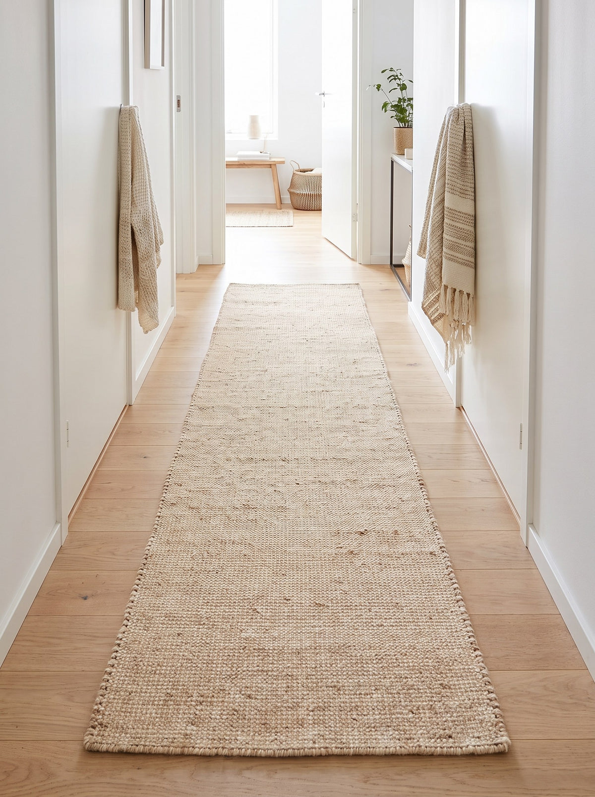 Wollläufer Leinenbeige - Grano im Flur einer hellen Neubauwohnung, auf hellem Eichenparkett