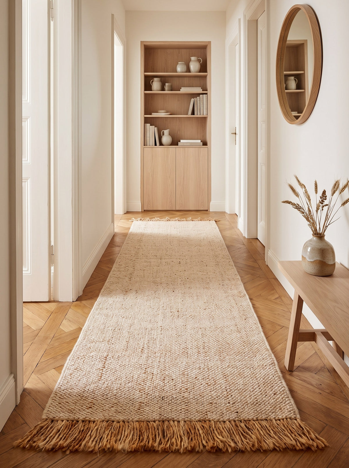 Wollläufer Naturbeige - Frangia im Flur einer renovierten Altbauwohnung, auf altem Eichenparkett