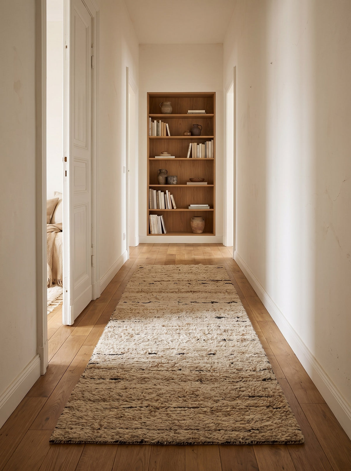Wollläufer Sandbeige - Fieno im Flur einer renovierten Altbauwohnung, auf altem Eichenparkett