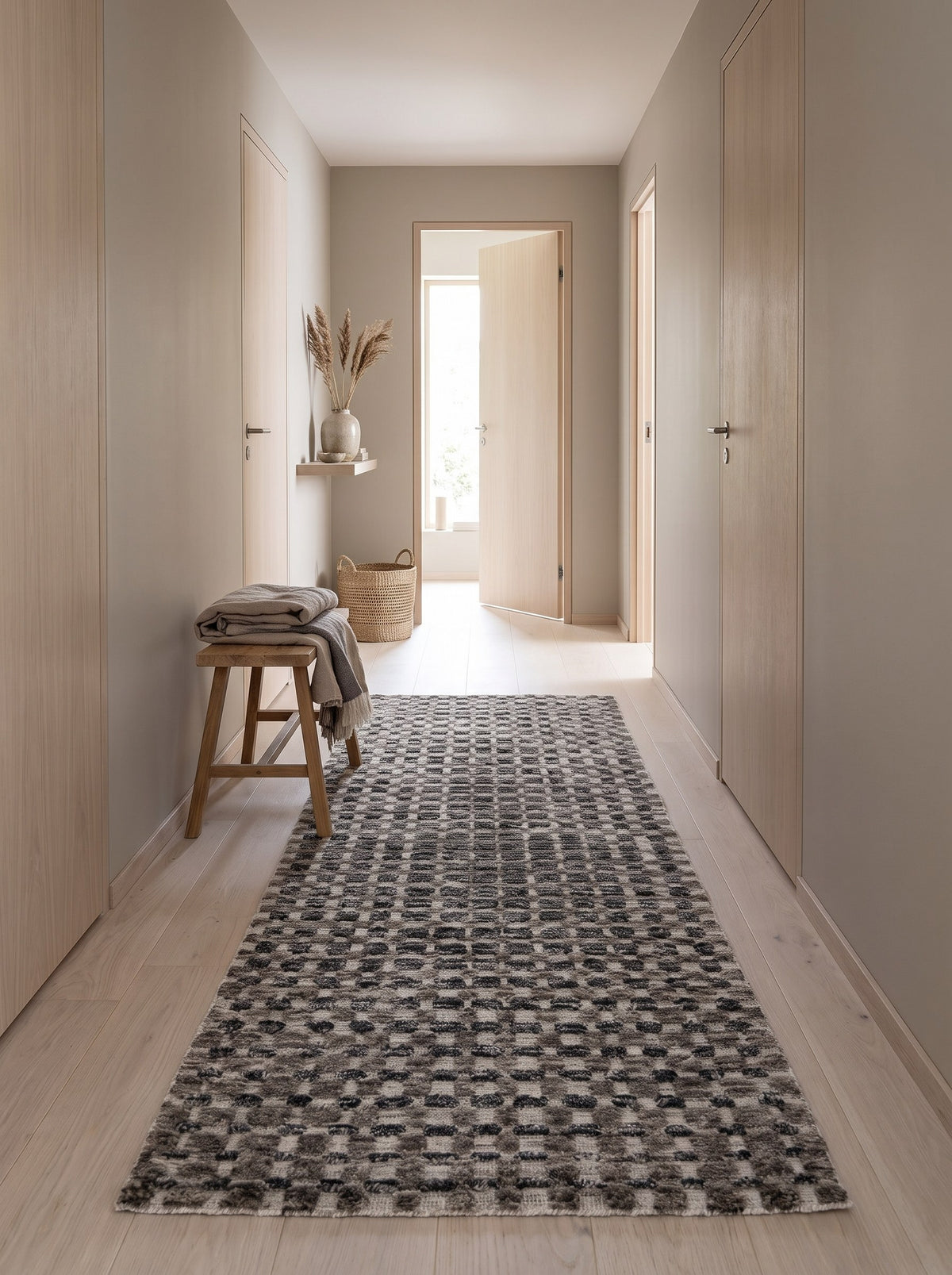 Wollläufer Anthrazitgrau - Mosaico im Flur einer Wohnung im Japandi-Stil, auf gekalkten Eichendielen
