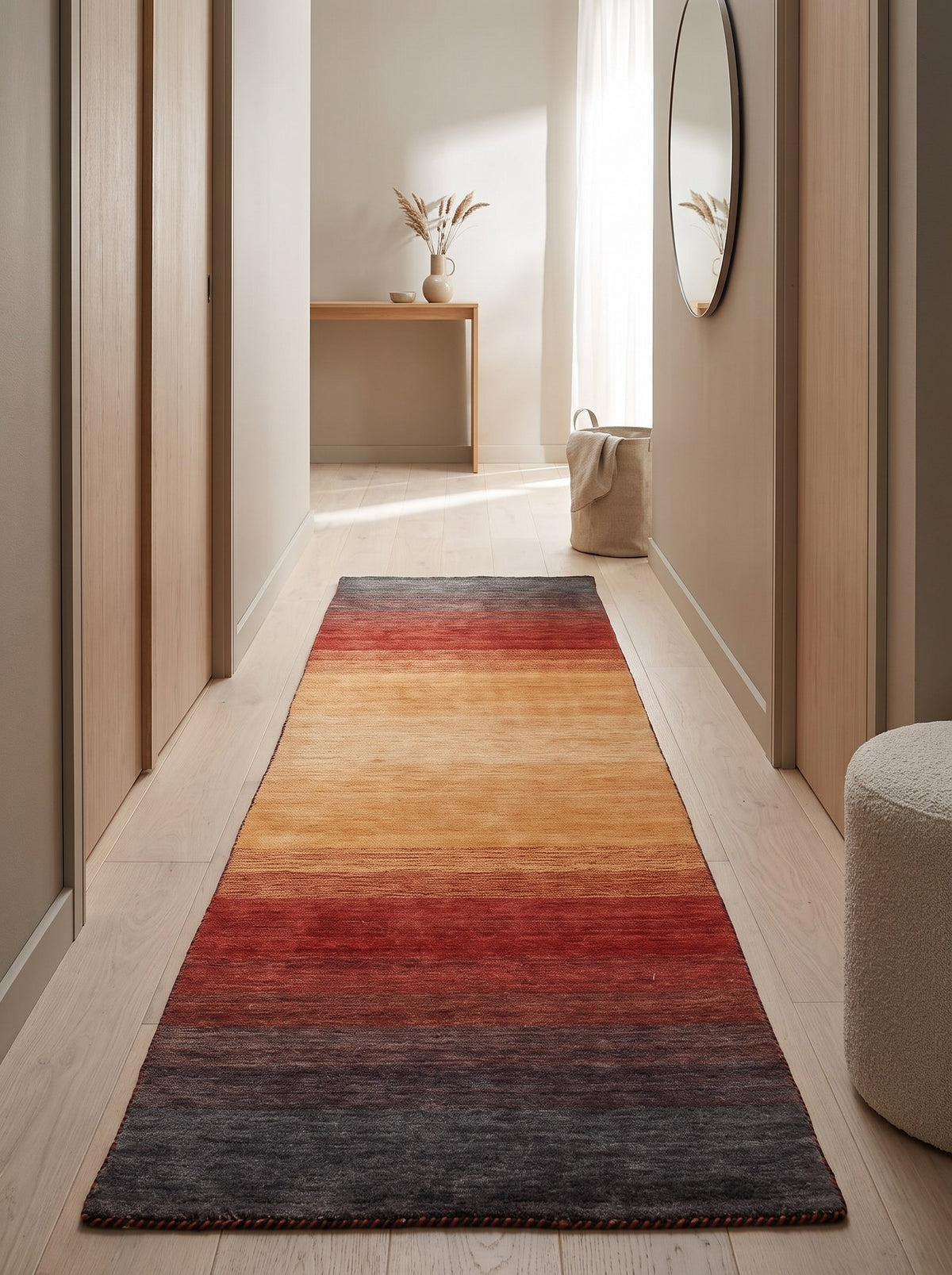 Tapis de Couloir 100% Laine Orange et Rouge - Tramonto le long d'un couloir japandi au parquet de chêne blanchi