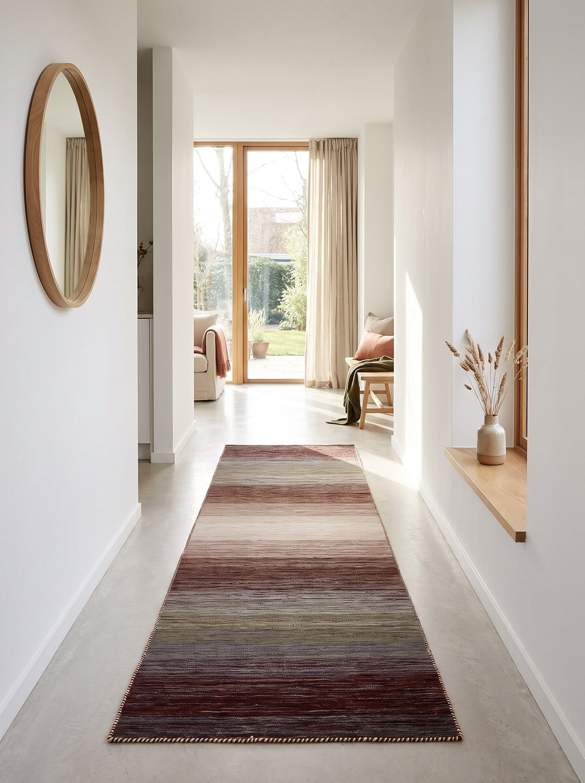 Tapis de Couloir 100% Laine Prune et Olive - Vespero vu du fond d'un couloir de maison d'architecte, sur un sol en béton ciré